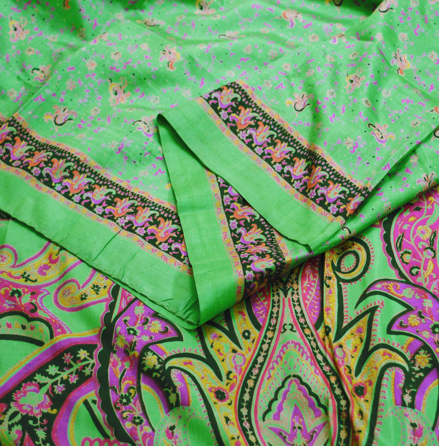 Indian Vintage Sari Green Pure Silk Printed Saree Fabric 6yd Sewing Craft DressMaking Soft Floral Design
