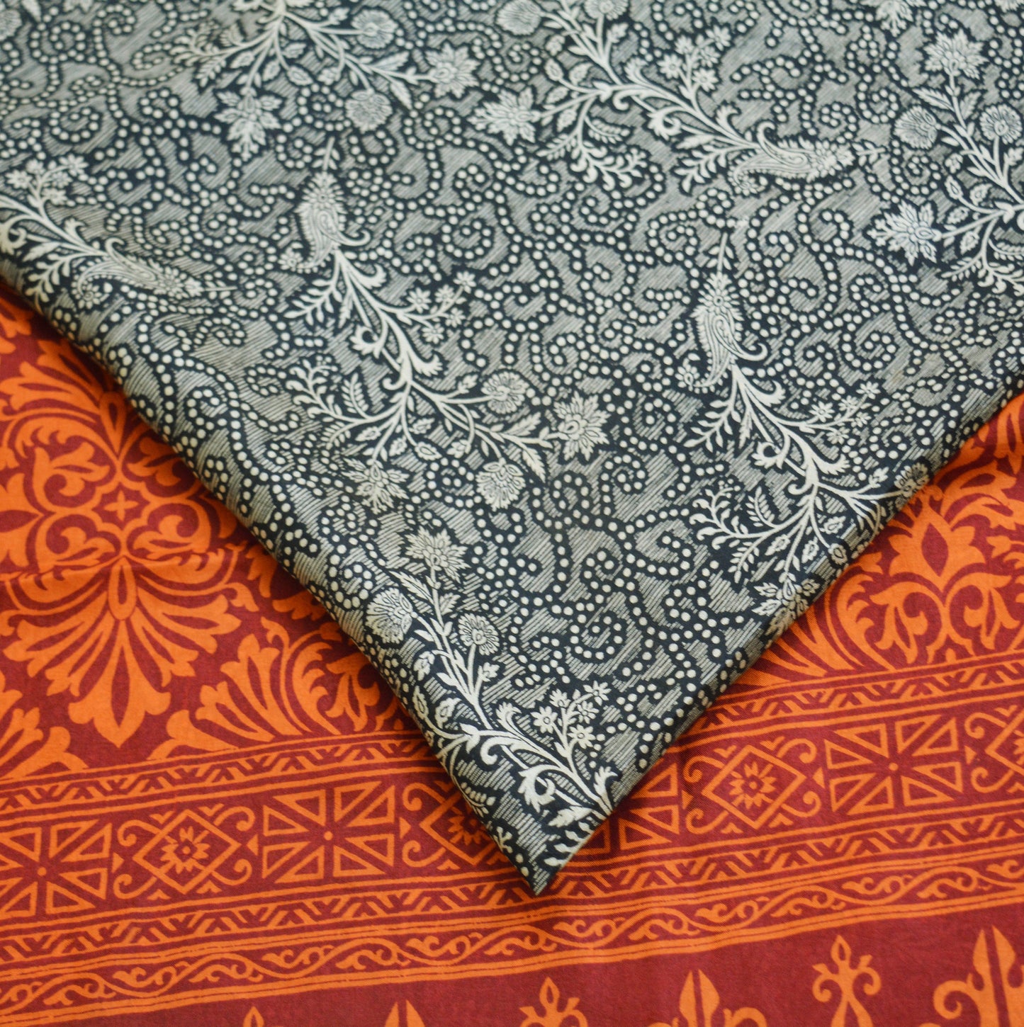 Indian Vintage Sari Black & Maroon 100% Pure Silk Printed Saree Fabric 6yd Sewing Craft DressMaking Soft Paisley