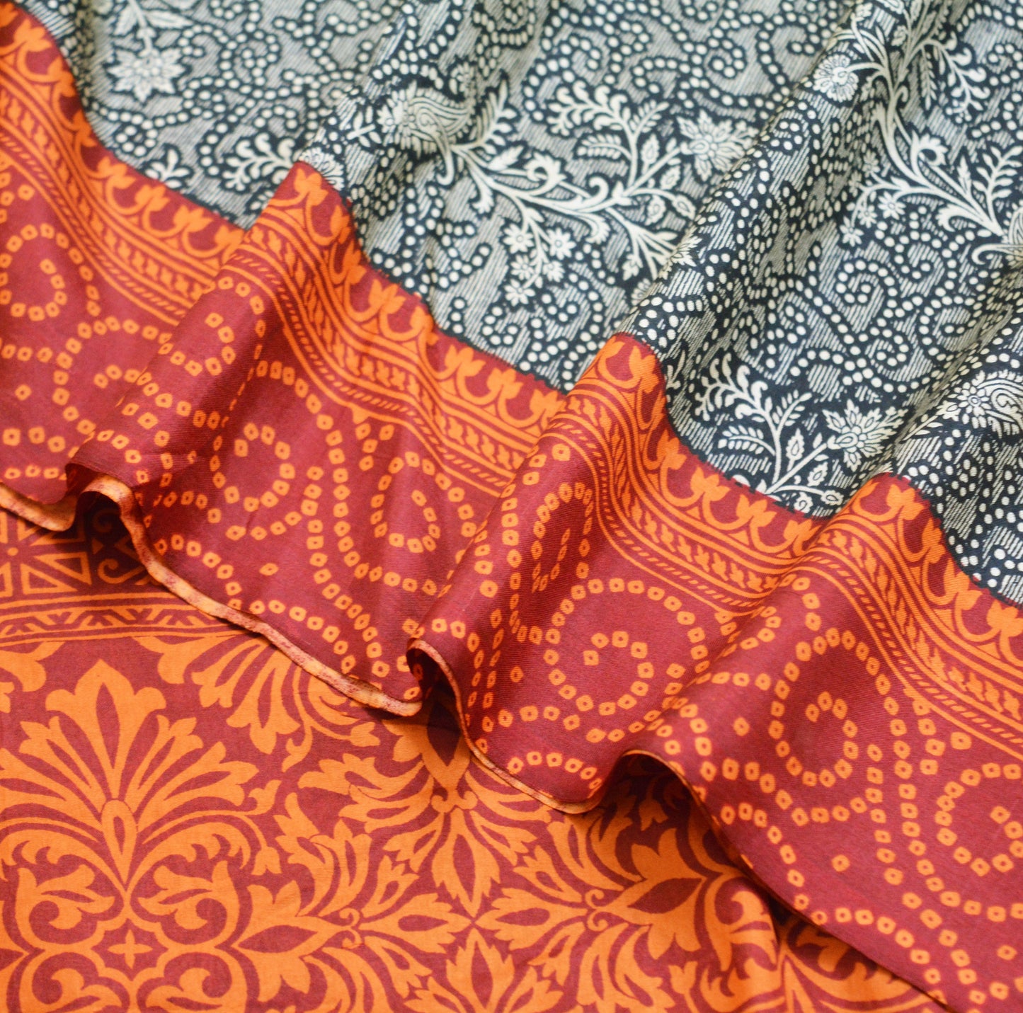 Indian Vintage Sari Black & Maroon 100% Pure Silk Printed Saree Fabric 6yd Sewing Craft DressMaking Soft Paisley