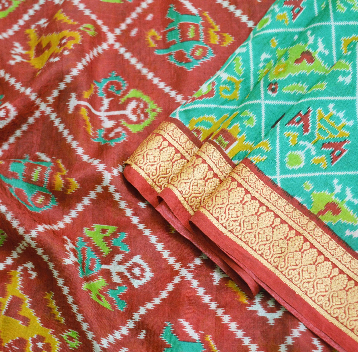 Indian Vintage Sari Red & Green 100% Pure Silk Printed Saree Fabric 5yard Sewing Craft DressMaking Soft Paisley