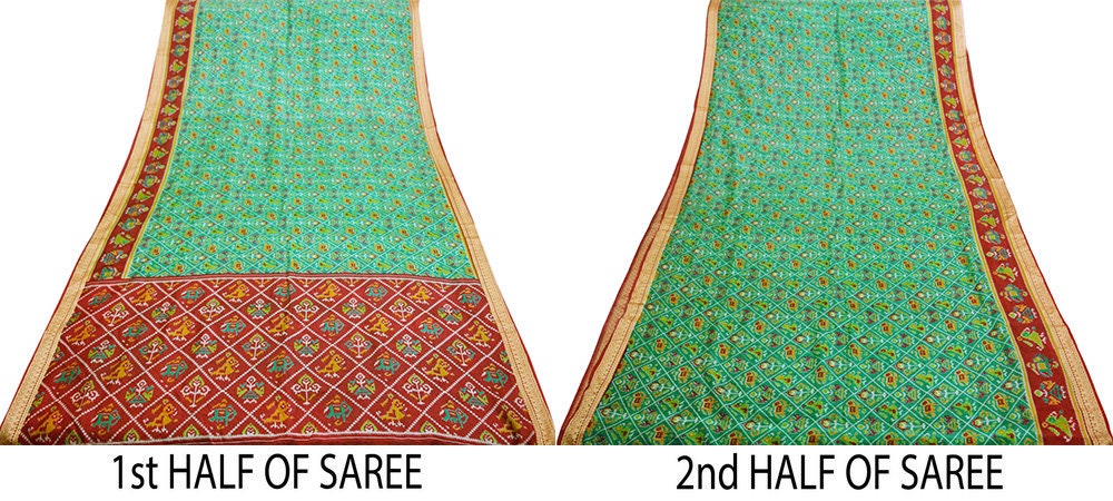 Indian Vintage Sari Red & Green 100% Pure Silk Printed Saree Fabric 5yard Sewing Craft DressMaking Soft Paisley