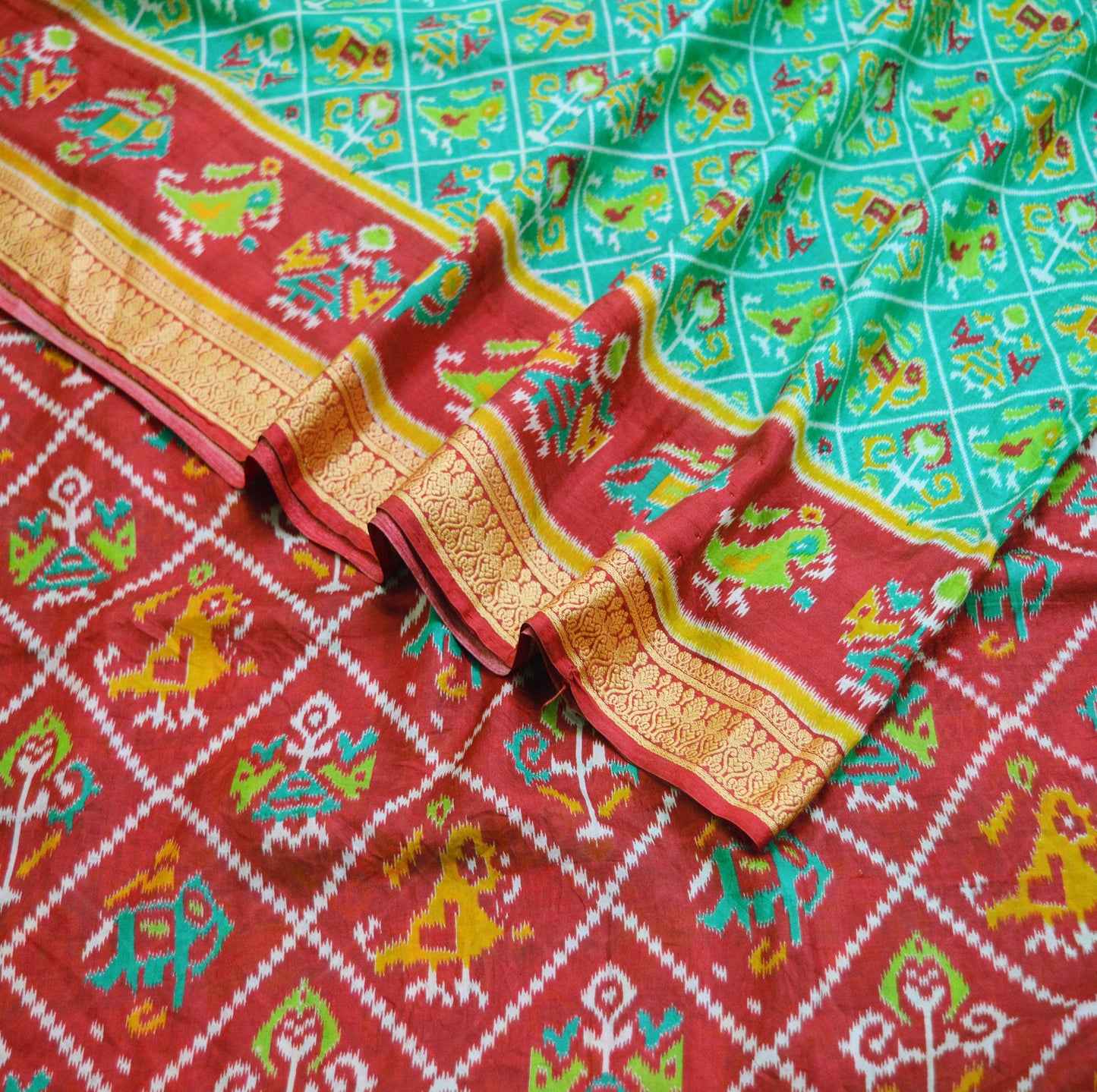 Indian Vintage Sari Red & Green 100% Pure Silk Printed Saree Fabric 5yard Sewing Craft DressMaking Soft Paisley