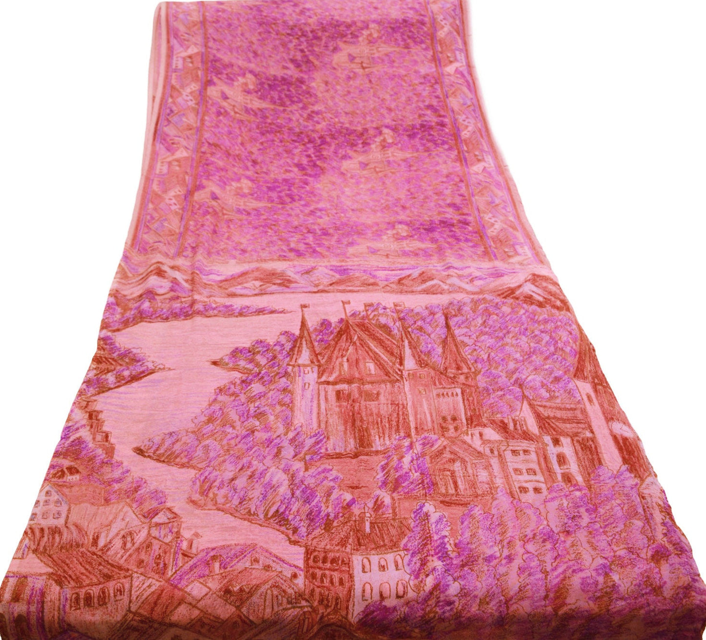 Indian Vintage Sari Peach & Purple Pure Georgette Silk Printed Saree Craft Fabric Sewing 5Yard Soft Light Dress Making Floral
