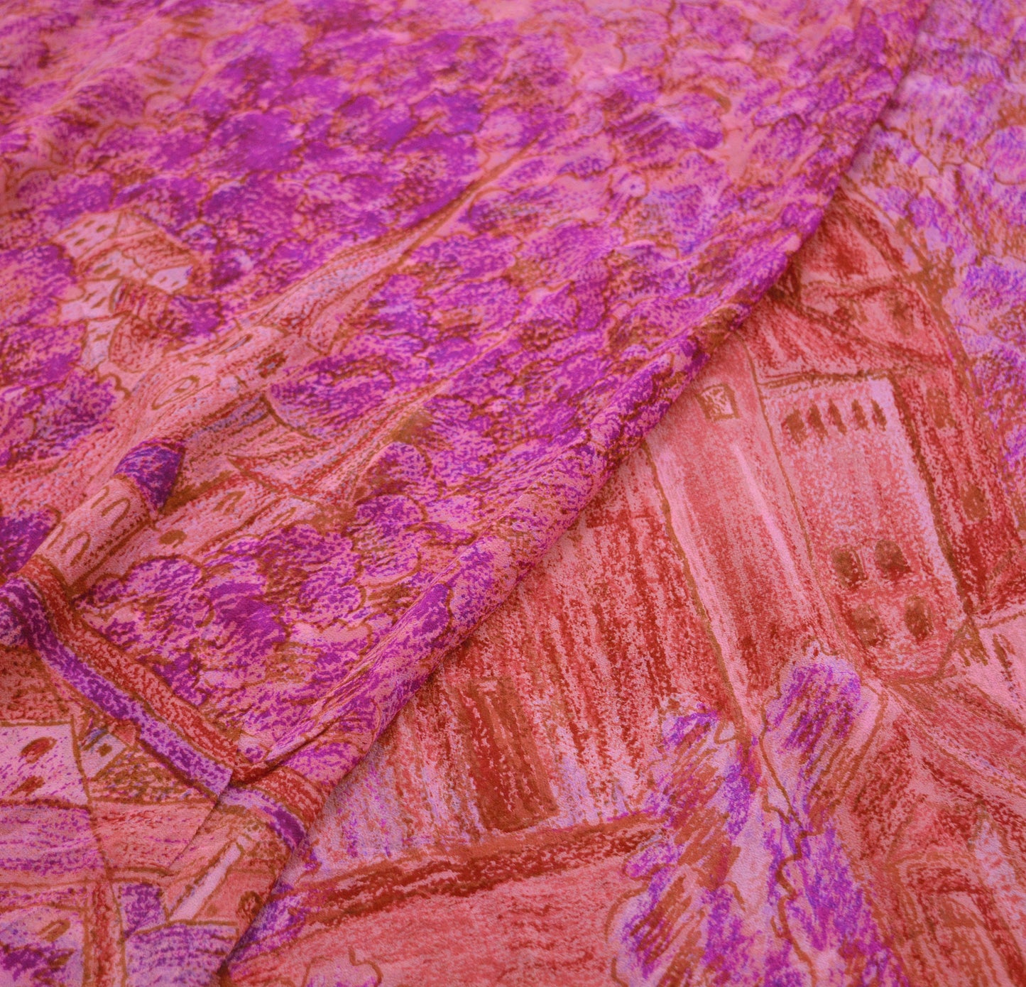 Indian Vintage Sari Peach & Purple Pure Georgette Silk Printed Saree Craft Fabric Sewing 5Yard Soft Light Dress Making Floral