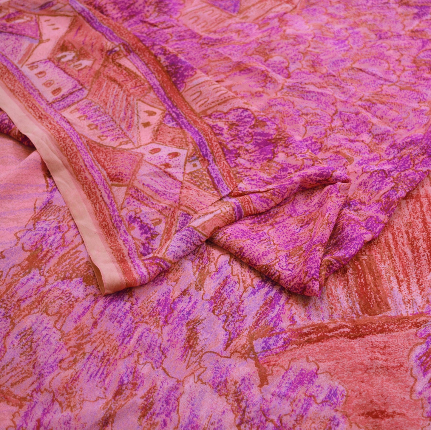 Indian Vintage Sari Peach & Purple Pure Georgette Silk Printed Saree Craft Fabric Sewing 5Yard Soft Light Dress Making Floral