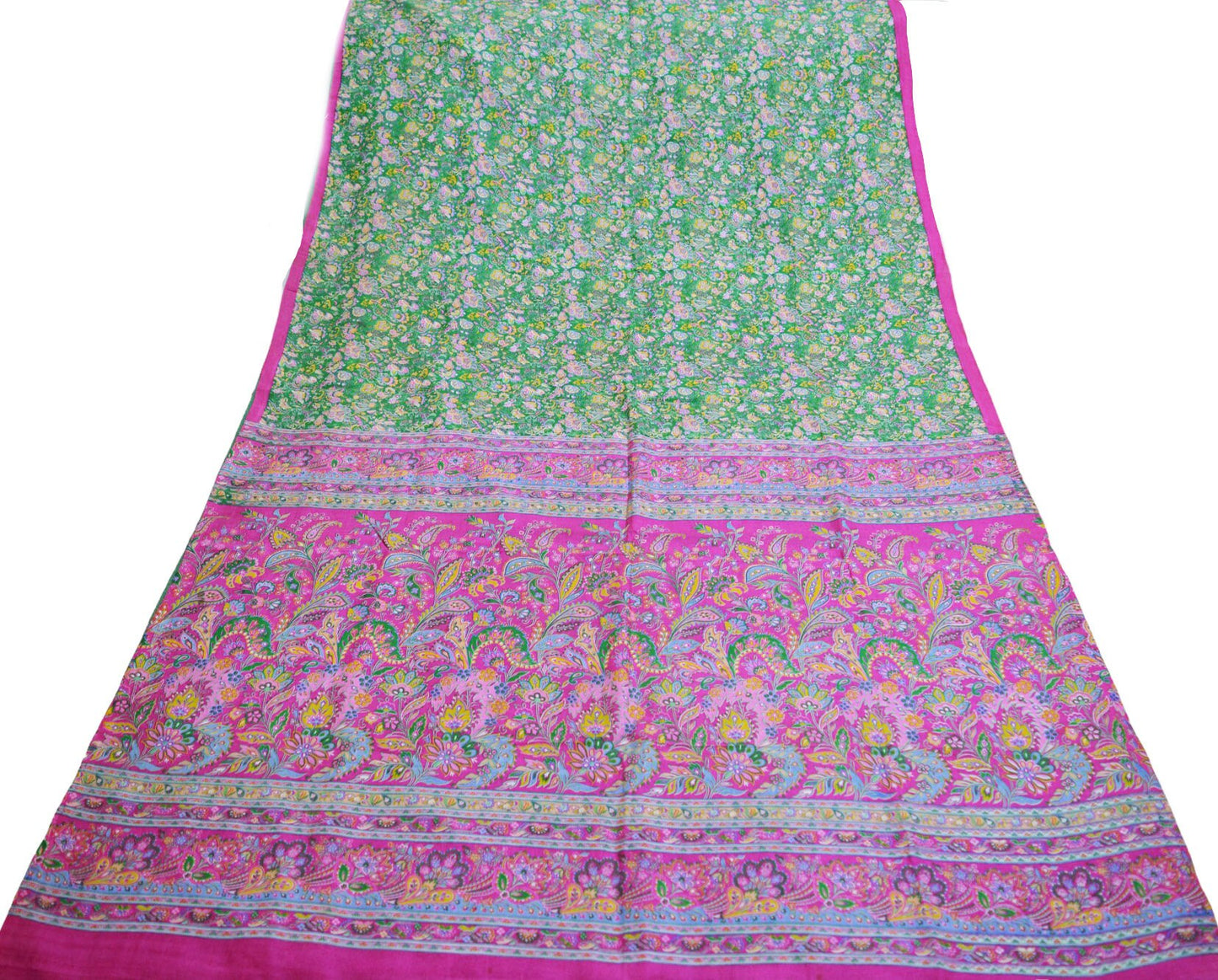 Indian Vintage Sari Pink & Green Pure Silk Printed Saree Fabric 5yd Sewing Craft DressMaking Soft Floral Ethnic