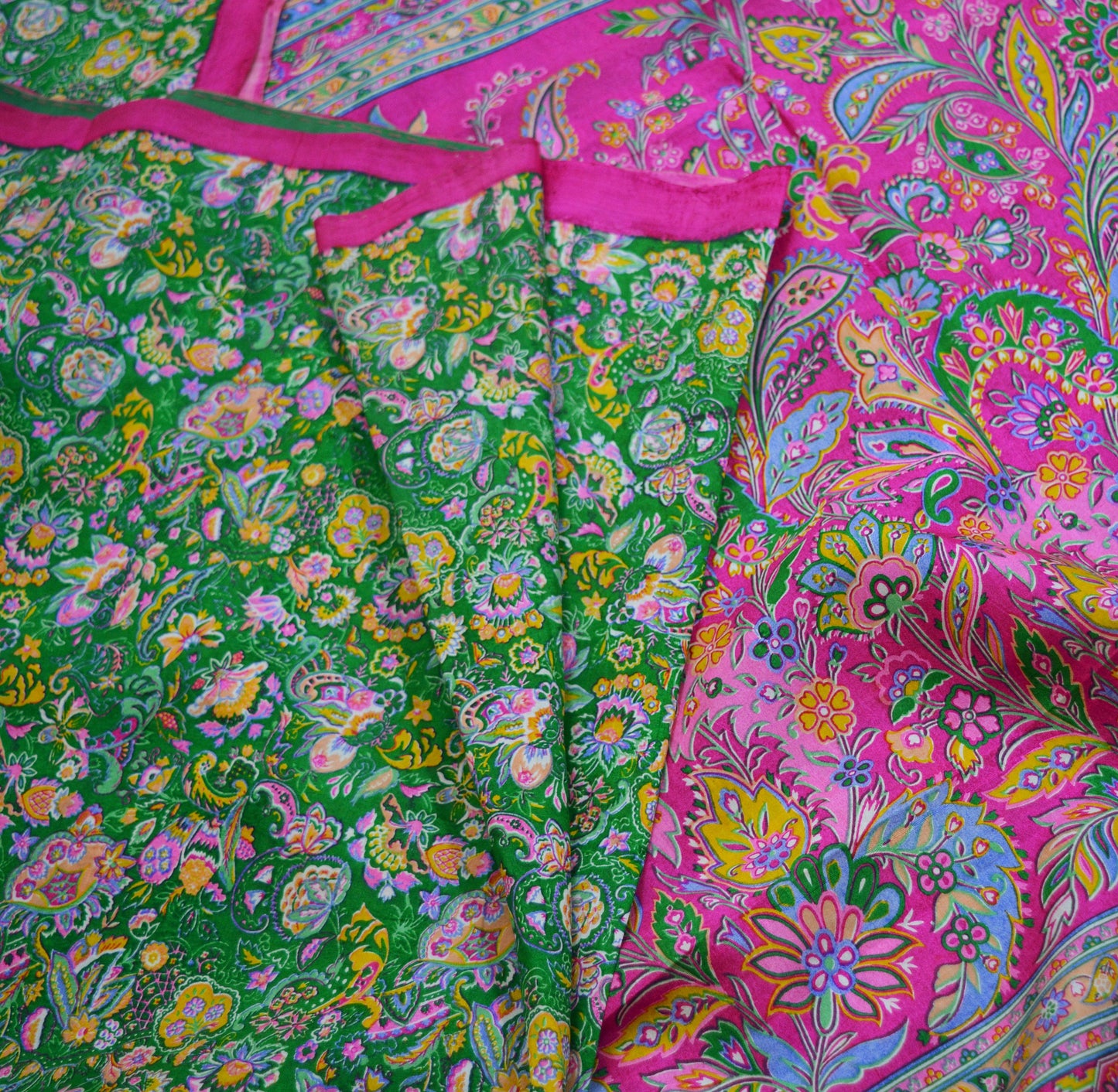 Indian Vintage Sari Pink & Green Pure Silk Printed Saree Fabric 5yd Sewing Craft DressMaking Soft Floral Ethnic