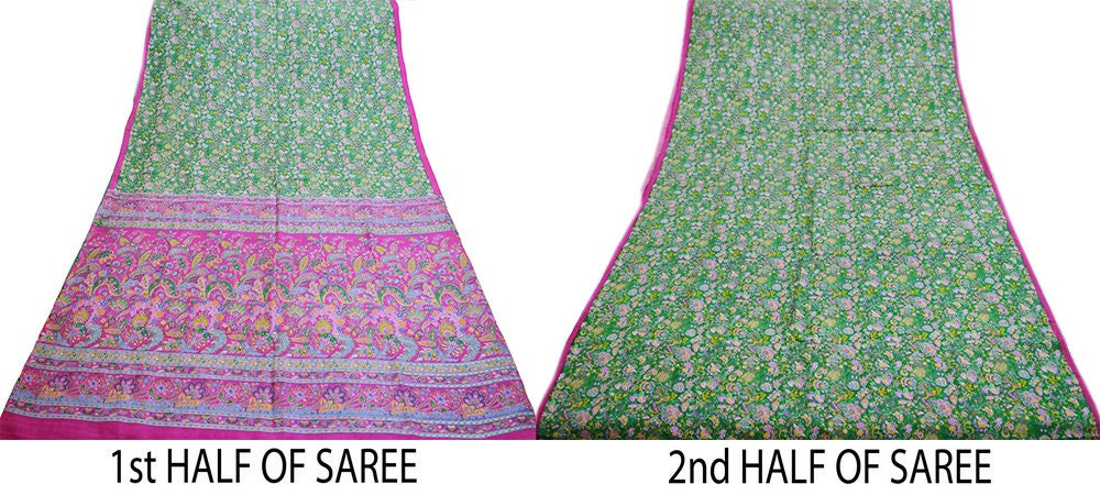 Indian Vintage Sari Pink & Green Pure Silk Printed Saree Fabric 5yd Sewing Craft DressMaking Soft Floral Ethnic