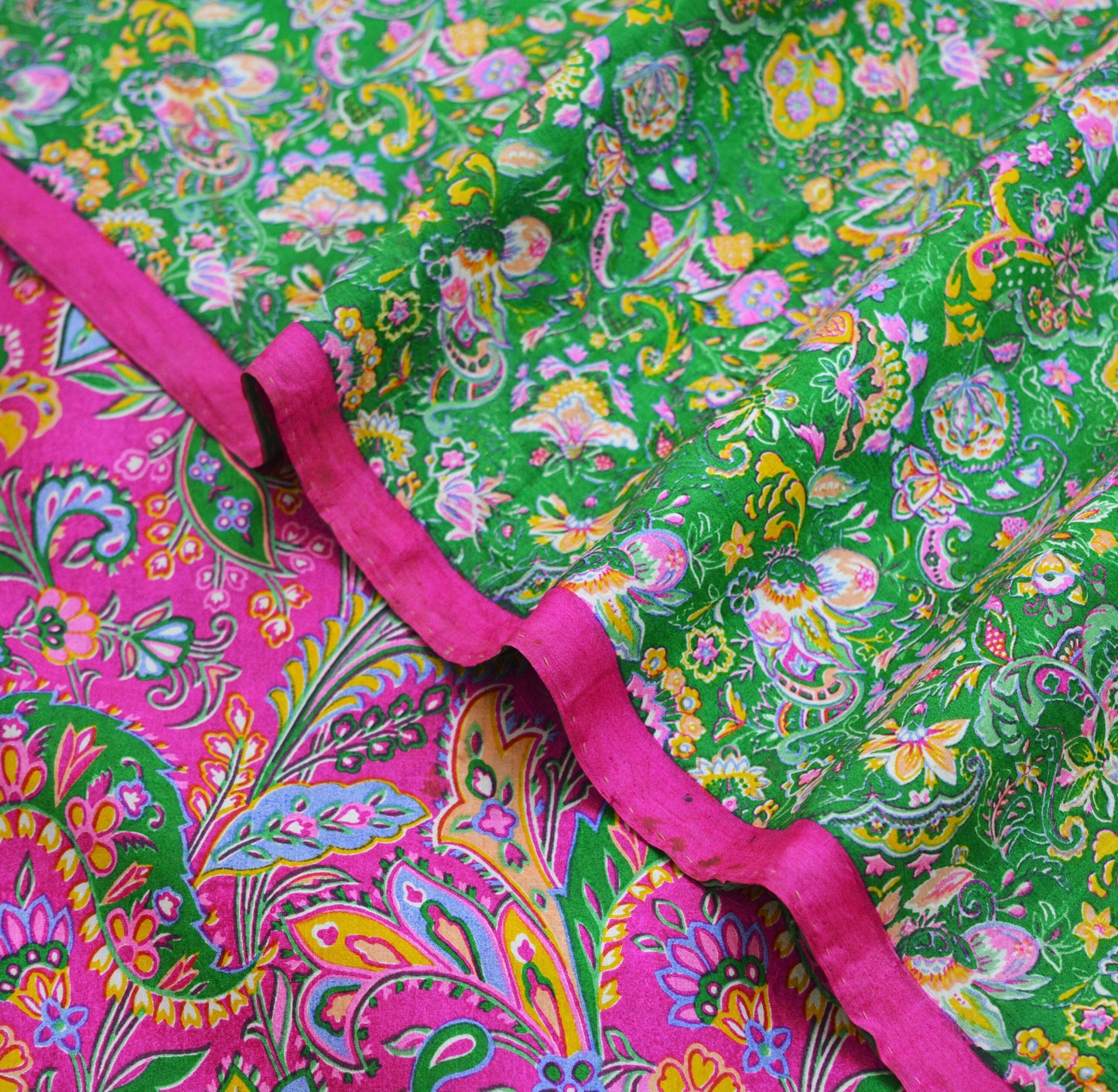Indian Vintage Sari Pink & Green Pure Silk Printed Saree Fabric 5yd Sewing Craft DressMaking Soft Floral Ethnic