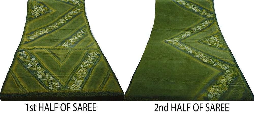 Indian Vintage Sari Green Pure Crepe Silk Printed Saree 5yard Sewing Floral Soft Craft Fabric Ethnic Wrap