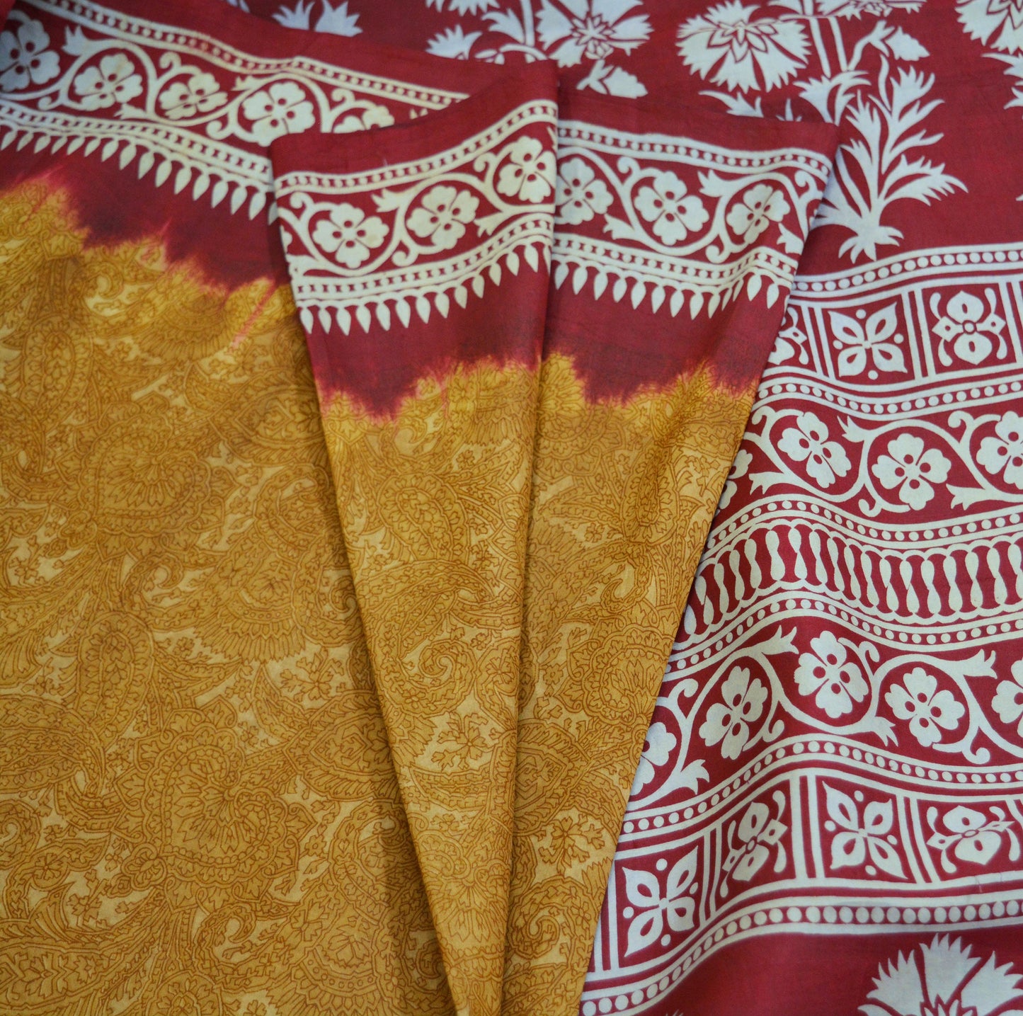 Indian Vintage Sari Mustard & Dark Red Pure Silk Printed Saree 5yd Sewing Craft Fabric DressMaking Floral