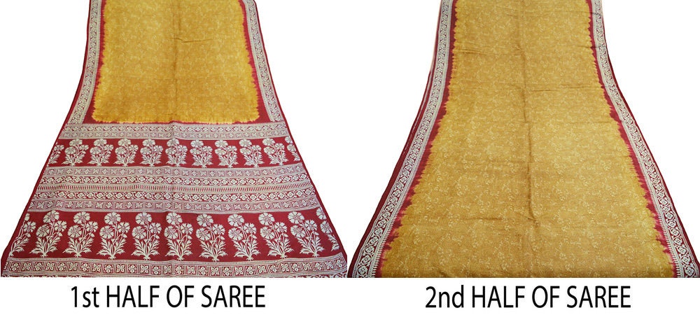 Indian Vintage Sari Mustard & Dark Red Pure Silk Printed Saree 5yd Sewing Craft Fabric DressMaking Floral
