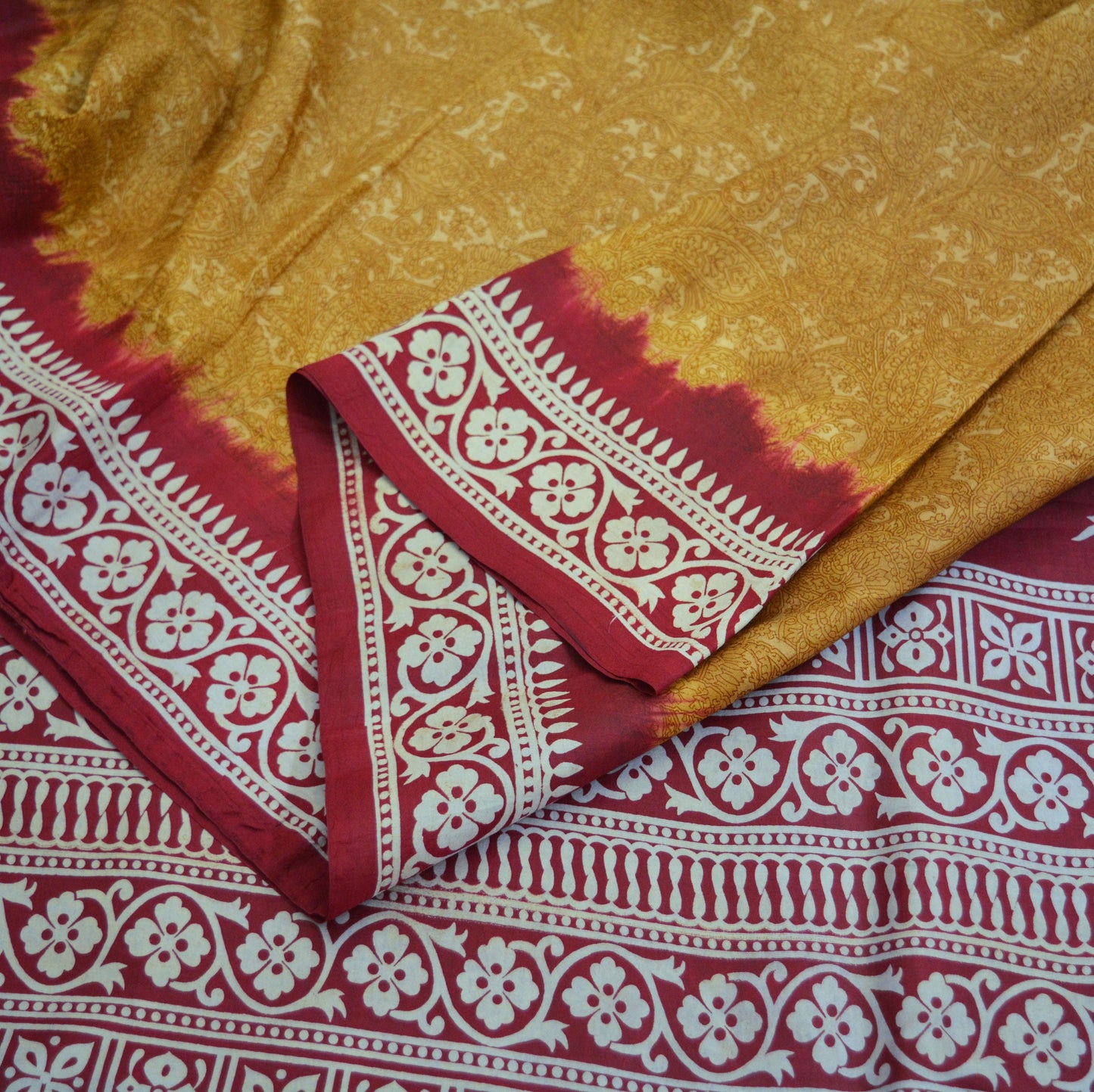 Indian Vintage Sari Mustard & Dark Red Pure Silk Printed Saree 5yd Sewing Craft Fabric DressMaking Floral