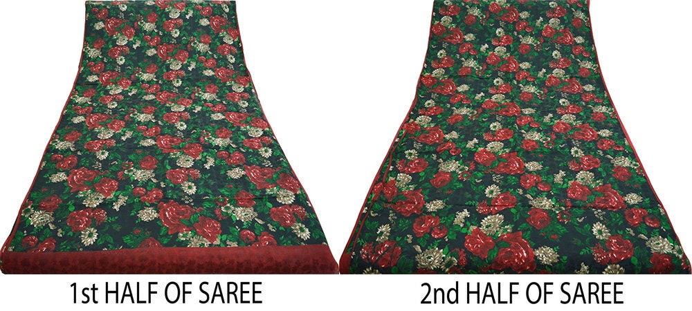 Indian Vintage Sari Black Pure Crepe Silk Printed Saree 5yard Sewing Floral Craft Fabric Wrap