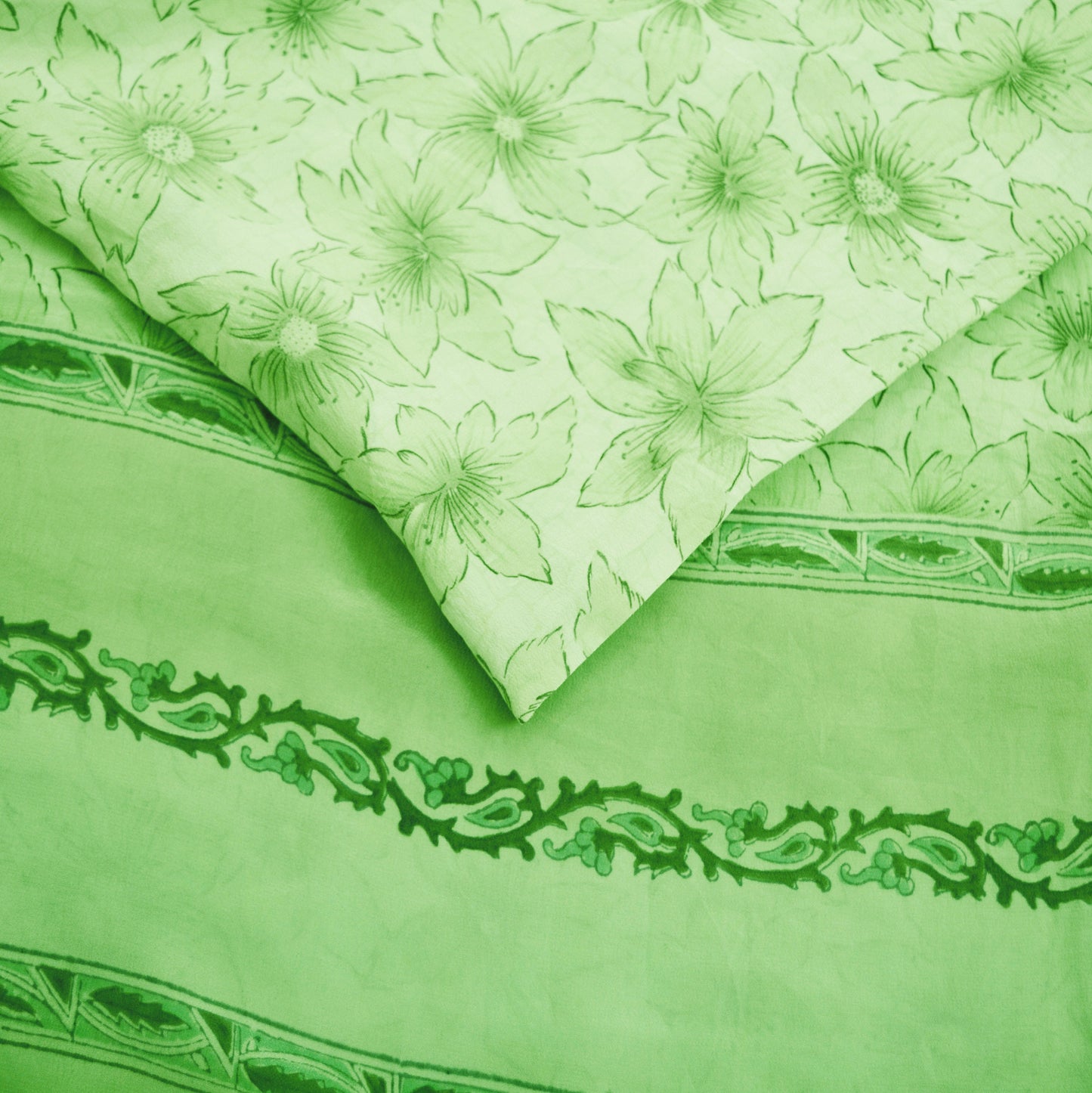 Indian Vintage Sari Ivory & Green Pure Crepe Silk Printed Saree 5yard Sewing Floral Soft Craft Fabric Wrap
