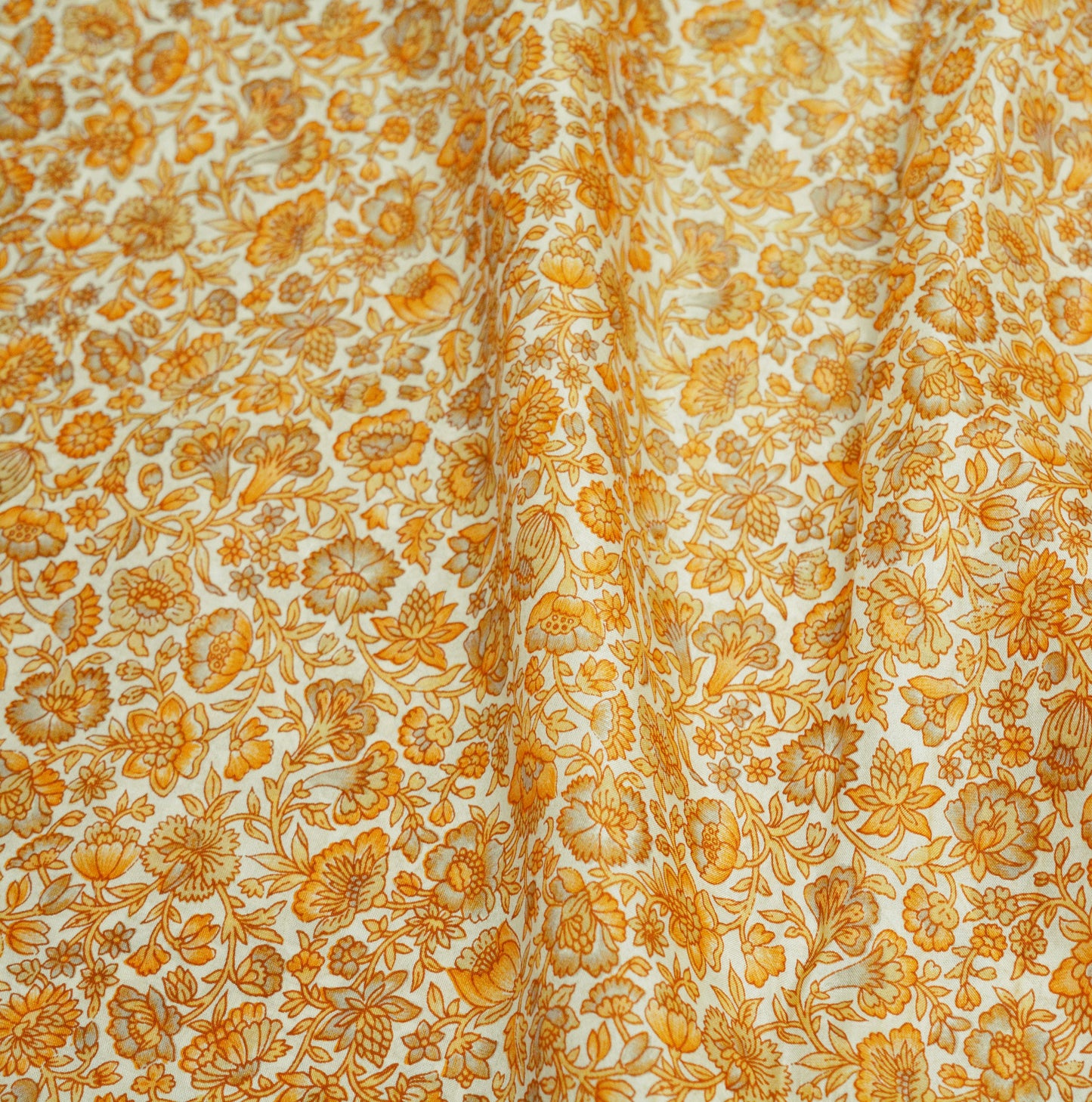 Indian Vintage Sari Ivory & Saffron Pure Silk Printed Saree Fabric 5yd Sewing Craft Fabric DressMaking Soft