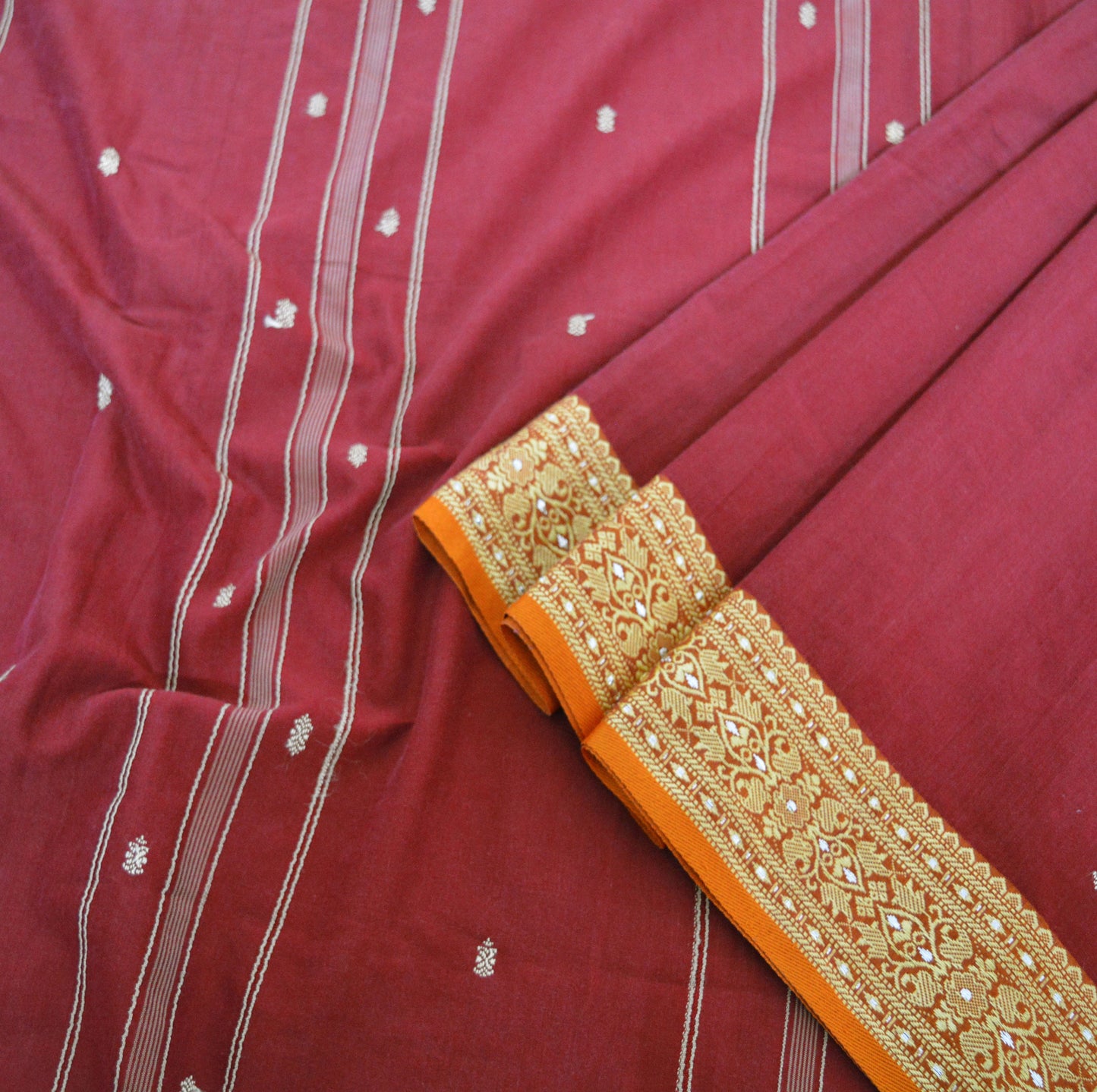 Indian Vintage Sari Maroon Blend Cotton Hand Woven Saree Fabric 5Yard Floral Soft