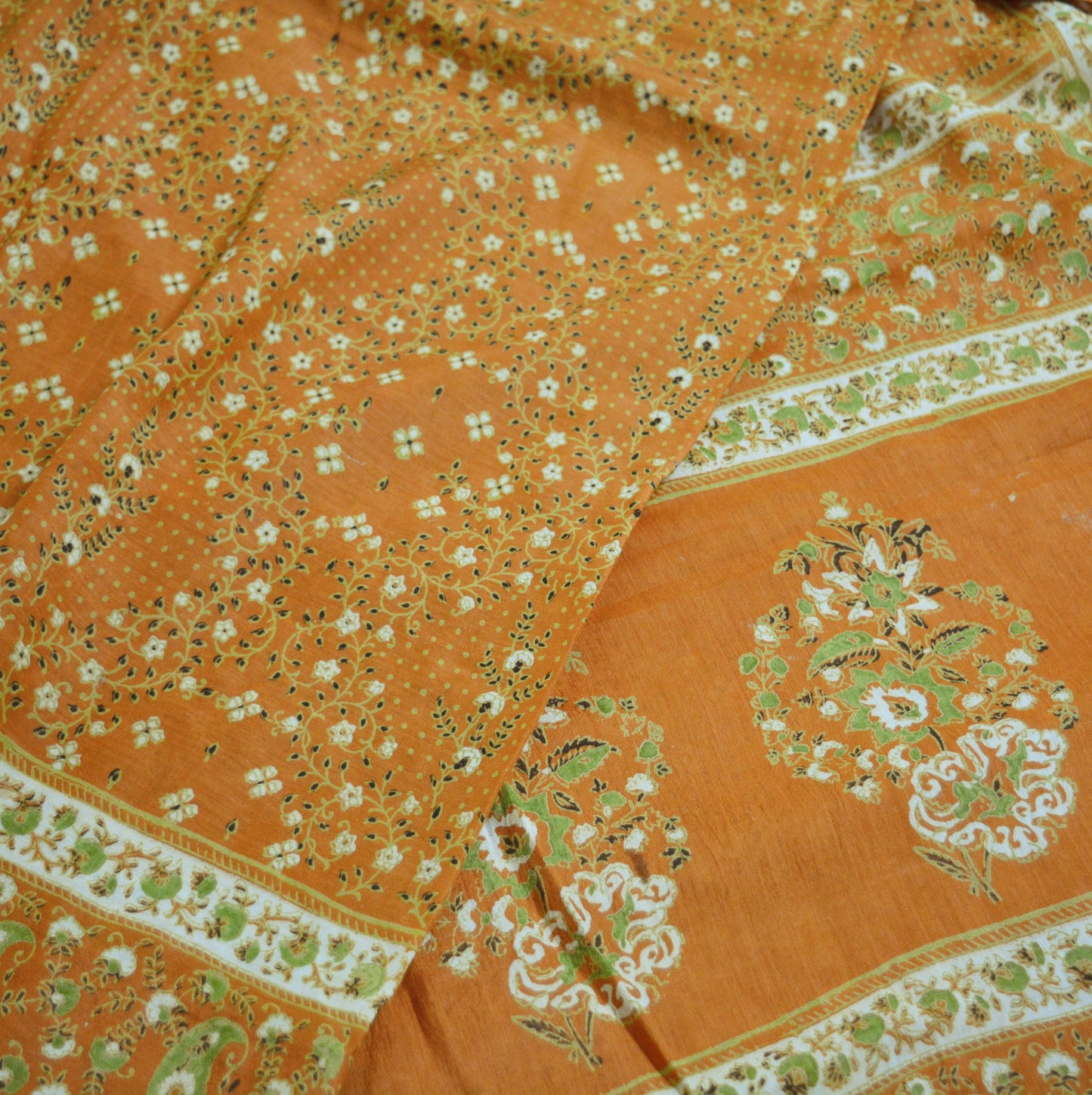 Indian Vintage Sari Saffron Pure Cotton Printed Saree Craft Soft Fabric 5Yard Sewing Sarong Wrap Paisley