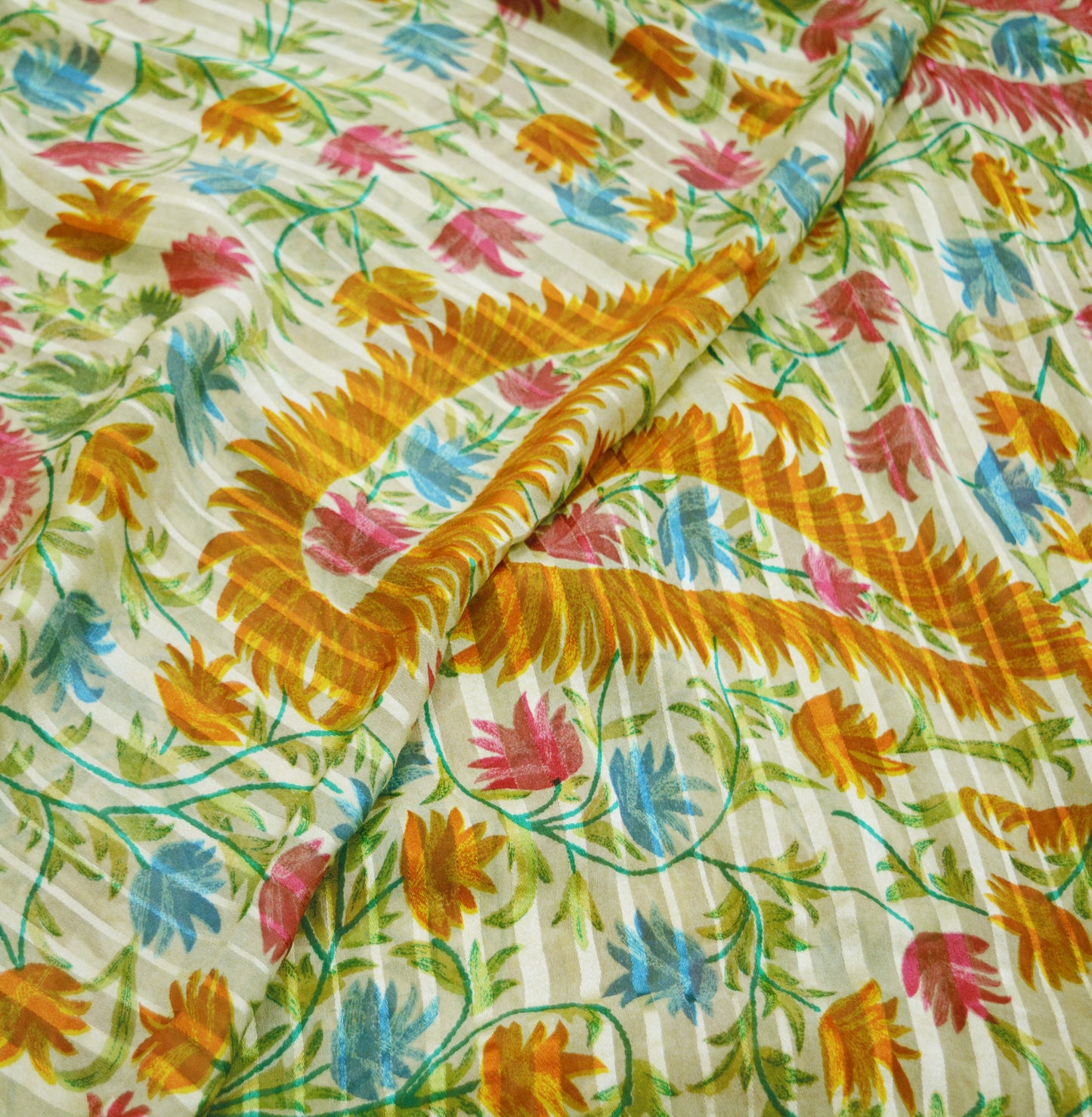 Indian Vintage Sari Ivory Pure Chiffon Silk Printed Saree Craft Fabric Sewing 5Yard Soft Light Dress Making Paisley