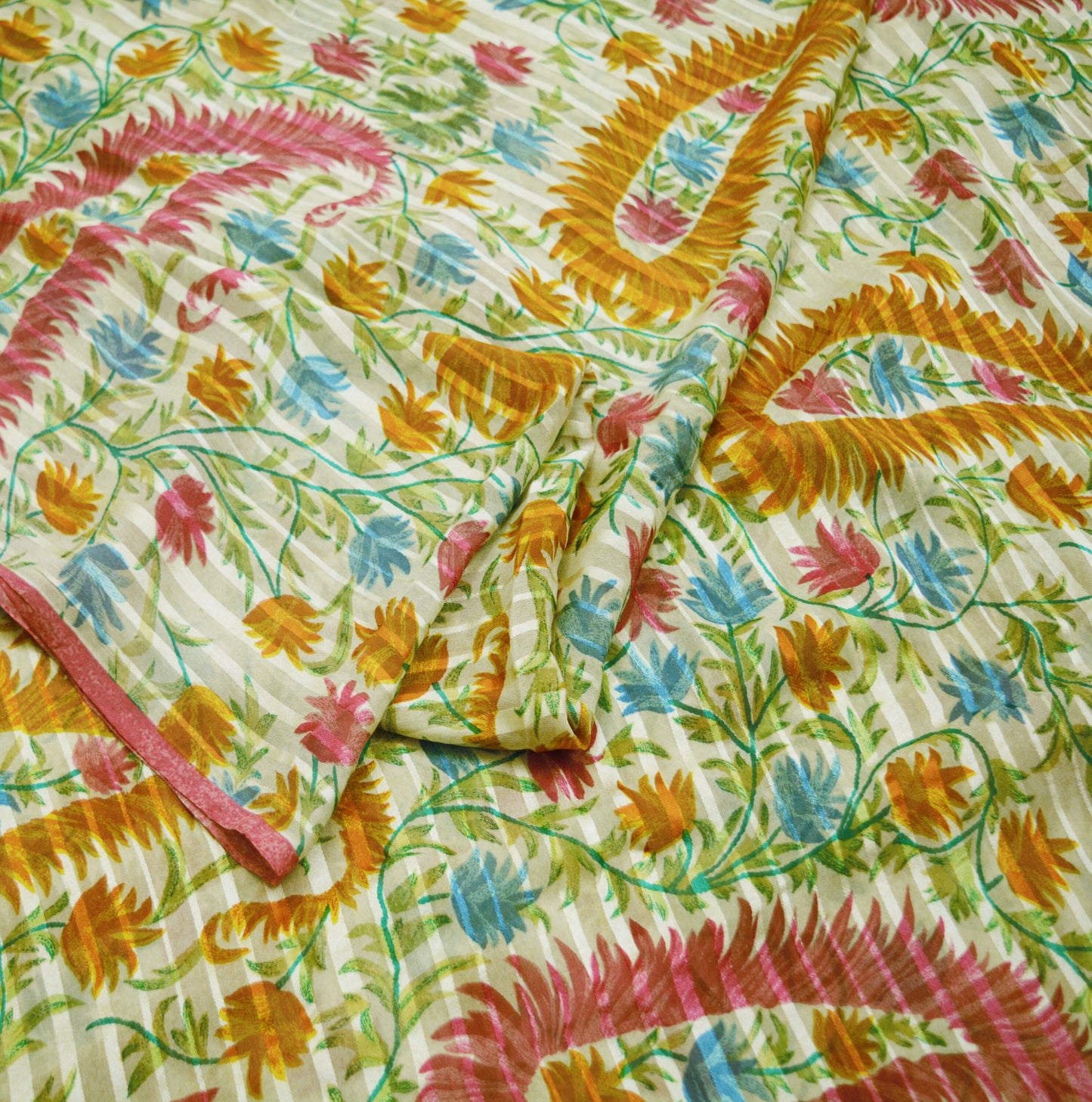 Indian Vintage Sari Ivory Pure Chiffon Silk Printed Saree Craft Fabric Sewing 5Yard Soft Light Dress Making Paisley