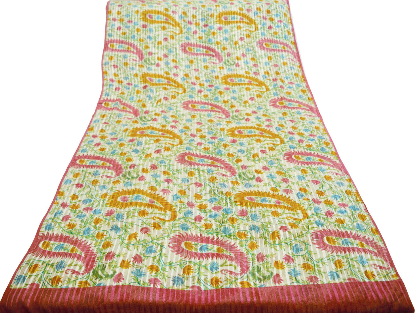 Indian Vintage Sari Ivory Pure Chiffon Silk Printed Saree Craft Fabric Sewing 5Yard Soft Light Dress Making Paisley