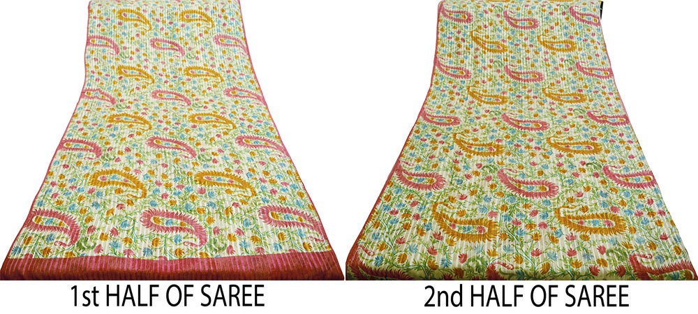 Indian Vintage Sari Ivory Pure Chiffon Silk Printed Saree Craft Fabric Sewing 5Yard Soft Light Dress Making Paisley