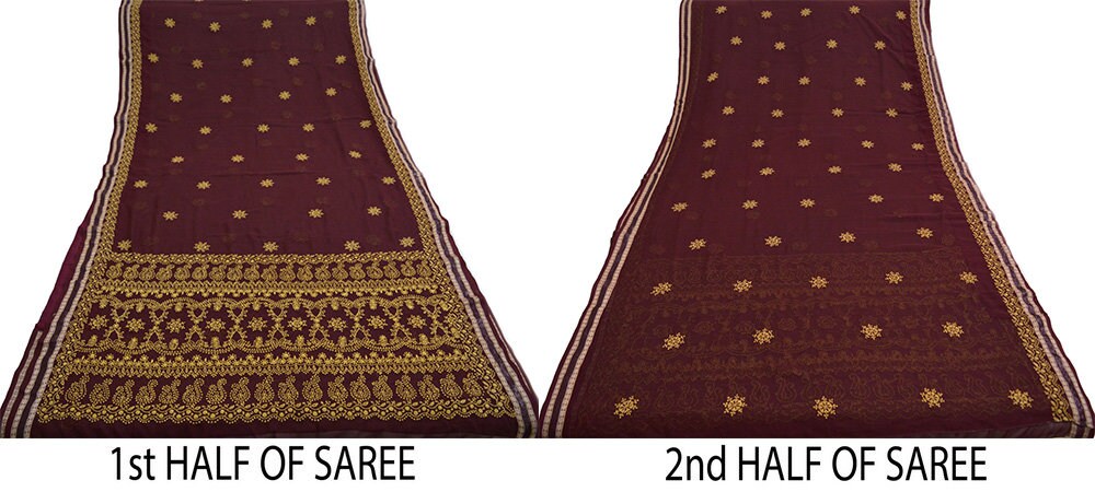 Indian Vintage Sari Maroon Georgette Hand Embroidered Saree Fabric 5Yd Sewing Soft Sequins