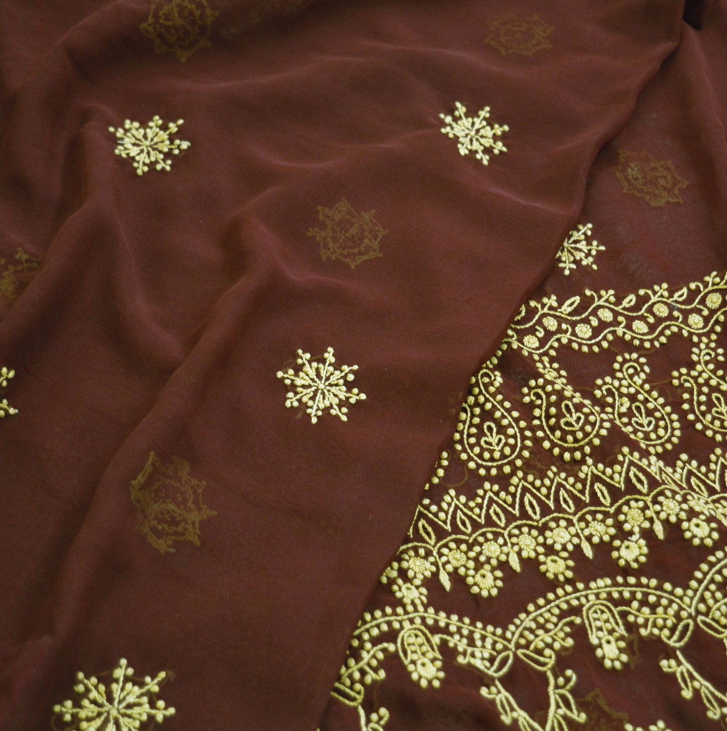 Indian Vintage Sari Maroon Georgette Hand Embroidered Saree Fabric 5Yd Sewing Soft Sequins