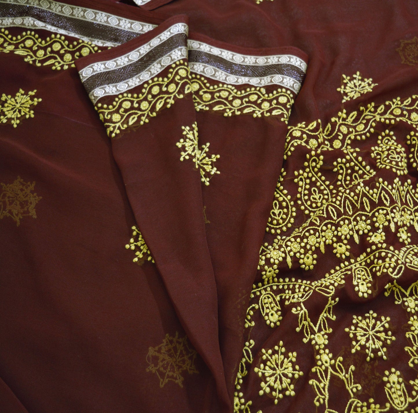 Indian Vintage Sari Maroon Georgette Hand Embroidered Saree Fabric 5Yd Sewing Soft Sequins