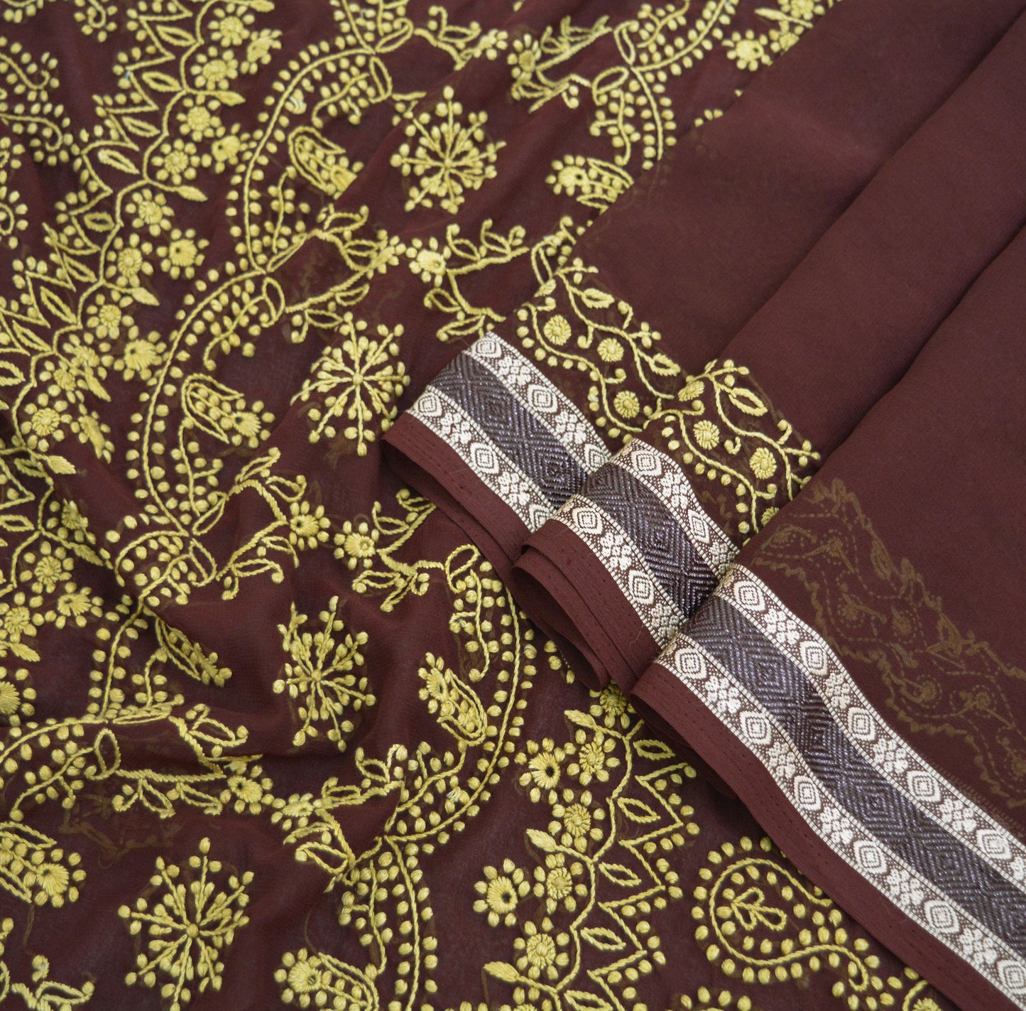 Indian Vintage Sari Maroon Georgette Hand Embroidered Saree Fabric 5Yd Sewing Soft Sequins