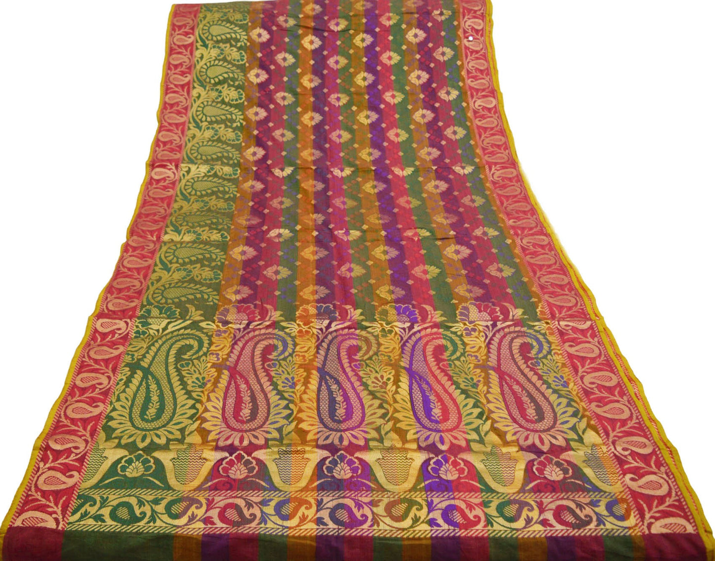 Vintage Sari Multi Hand Woven Art Silk Saree Metallic Golden Zari 5Yard Floral