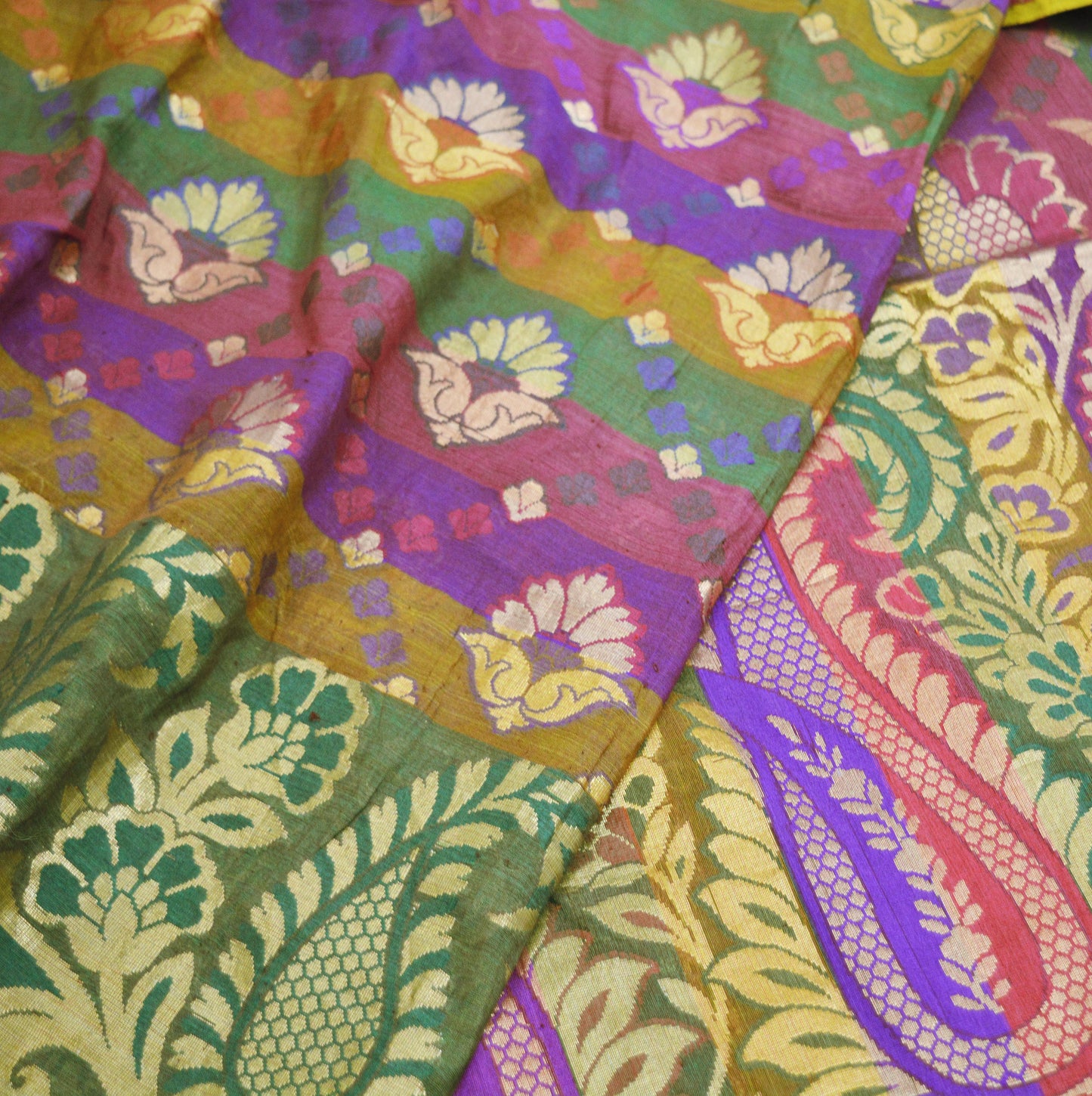 Vintage Sari Multi Hand Woven Art Silk Saree Metallic Golden Zari 5Yard Floral