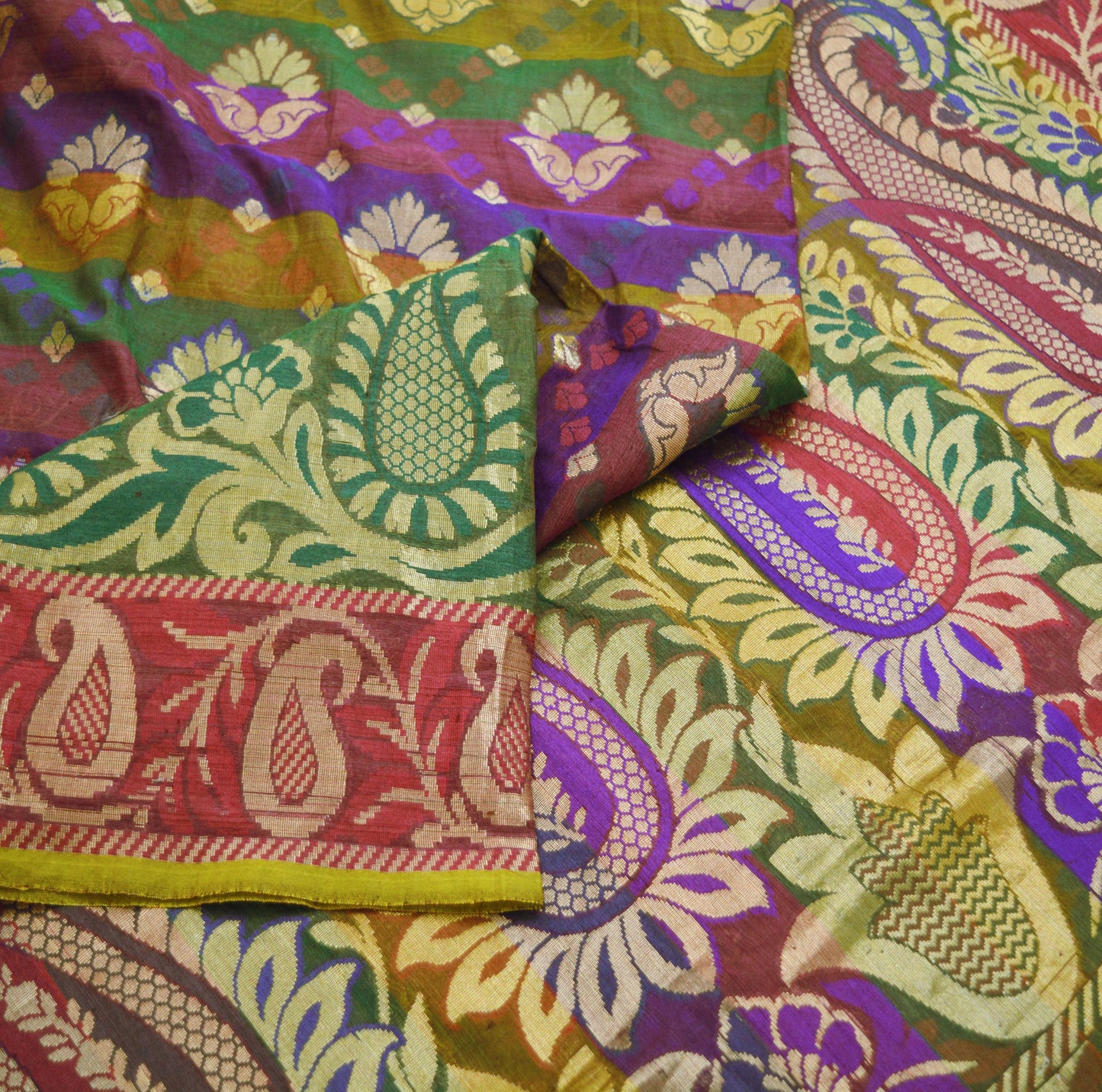Vintage Sari Multi Hand Woven Art Silk Saree Metallic Golden Zari 5Yard Floral