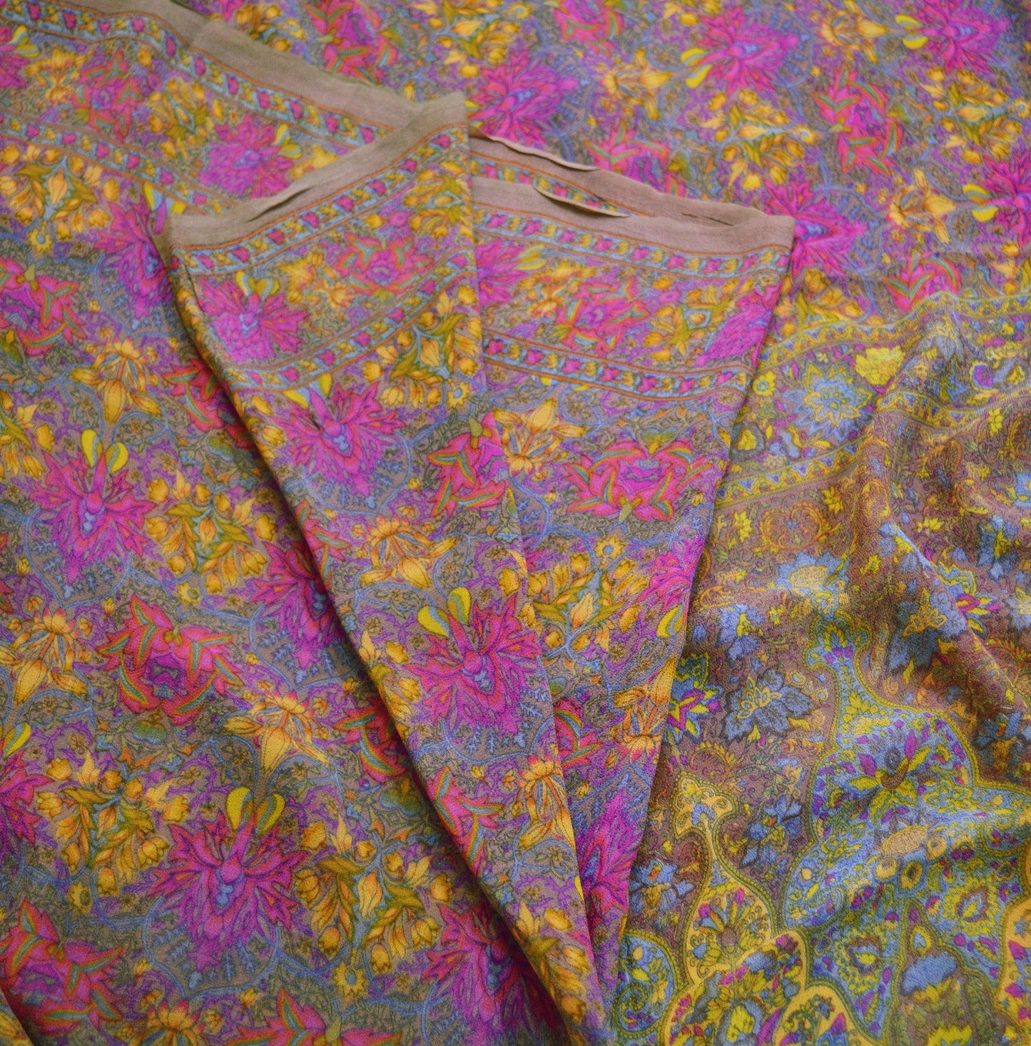 Indian Women Vintage Sari Brown 100% Pure Georgette Silk Printed Saree Sewing 5yard Soft Craft Floral Design Wrap Boho