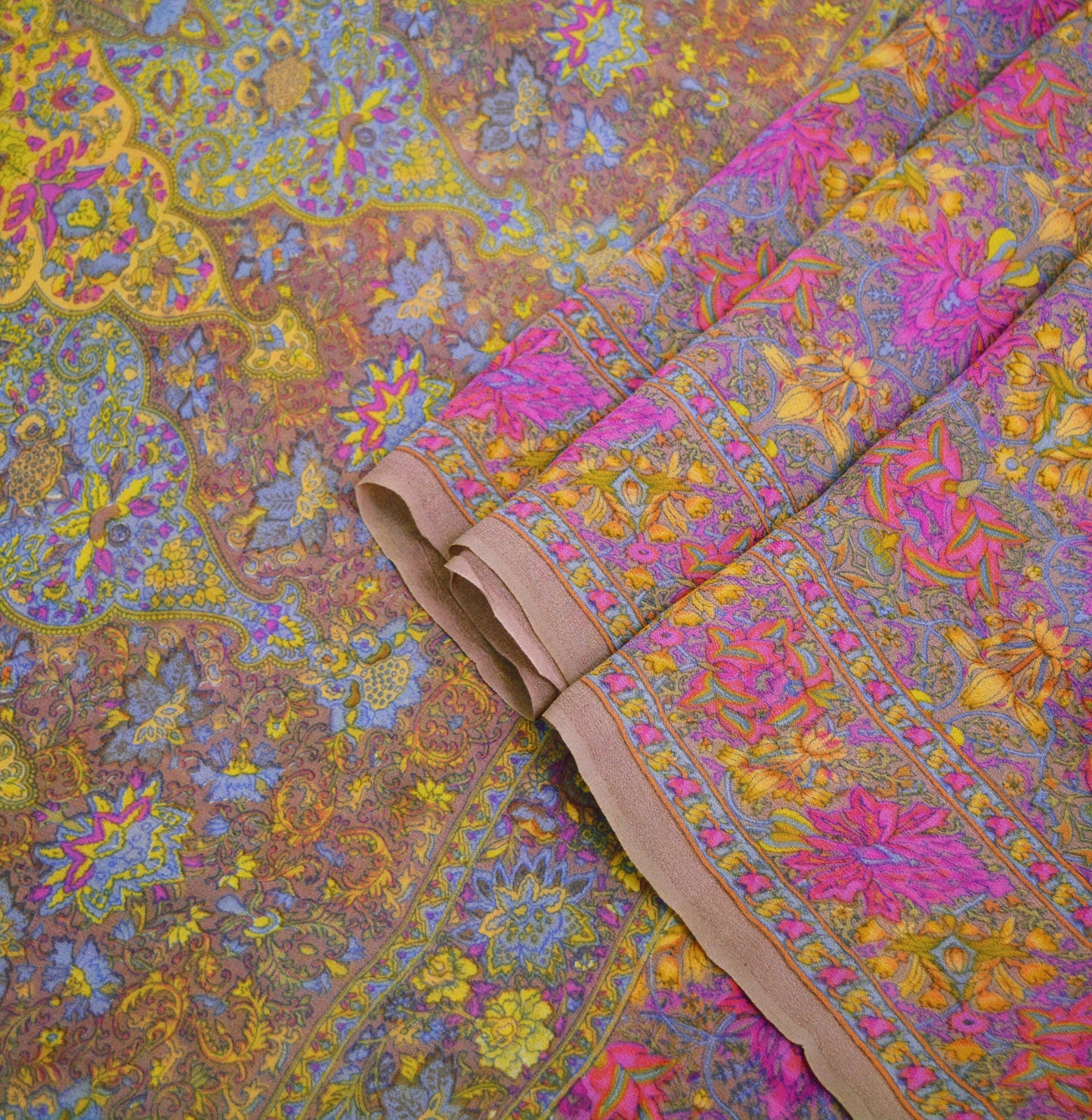 Indian Women Vintage Sari Brown 100% Pure Georgette Silk Printed Saree Sewing 5yard Soft Craft Floral Design Wrap Boho