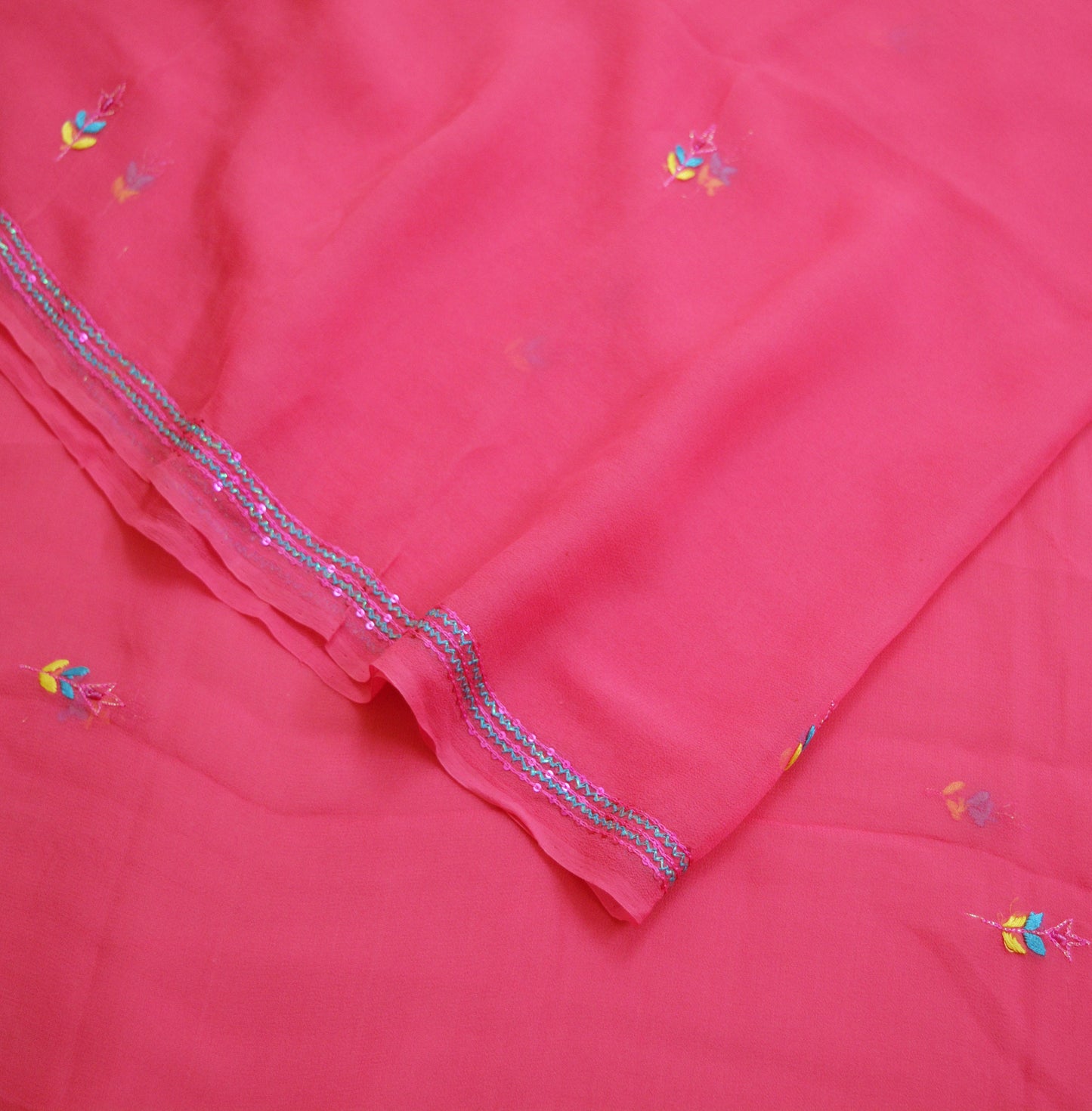 Vintage Pink Dupatta Long Stole Pure Georgette Silk Hand Embroidered Indian Scarves Veil Hijab Floral Sequins
