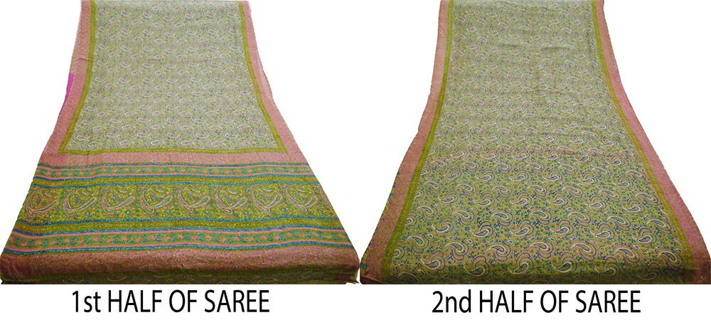 Women Vintage Sari Green 100% Pure Georgette Silk Block Printed Saree Craft Fabric Sewing 5Yard Soft Sari Dress Making