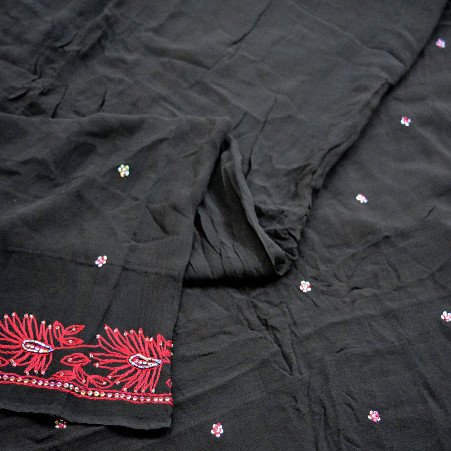 Indian Vintage Sari Black Pure Georgette Silk Hand Embroidered Saree Fabric 5Yard Sewing Soft Ethnic
