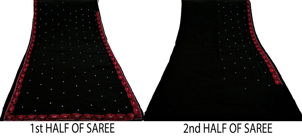 Indian Vintage Sari Black Pure Georgette Silk Hand Embroidered Saree Fabric 5Yard Sewing Soft Ethnic