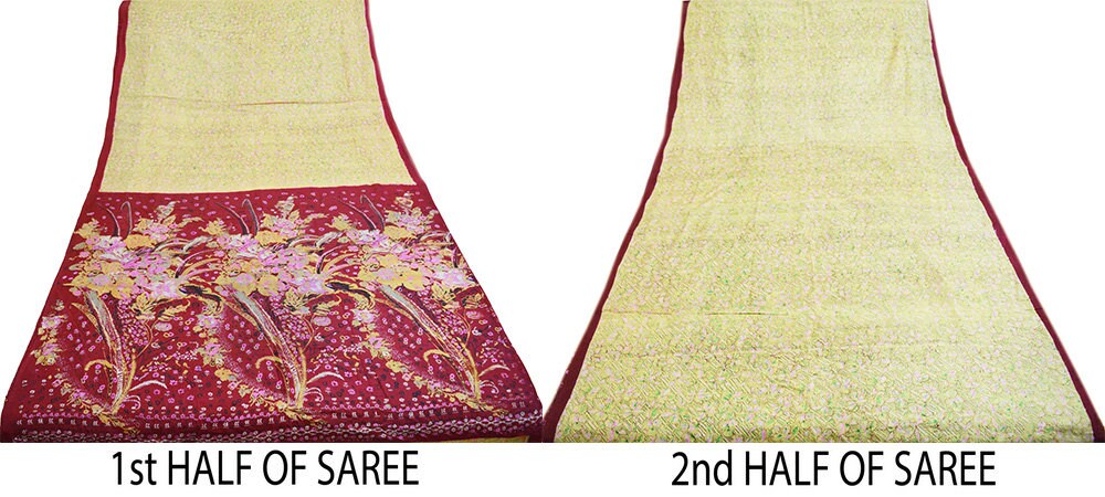 Indian Vintage Sari Maroon & Yellow Pure Silk Printed Saree 5yd Sewing Craft Fabric DressMaking Soft