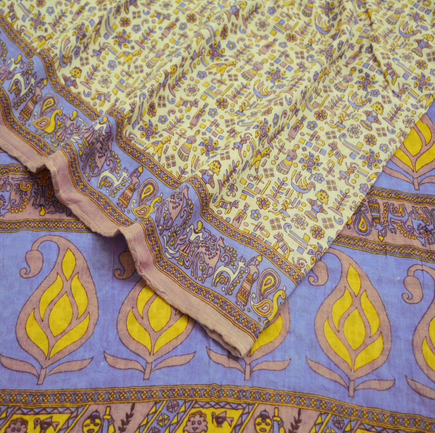 Indian Vintage Sari Brown & Ivory Warli Printed Pure Cotton Saree Craft Soft Fabric 5Yard Sewing Sarong Wrap Boho Floral