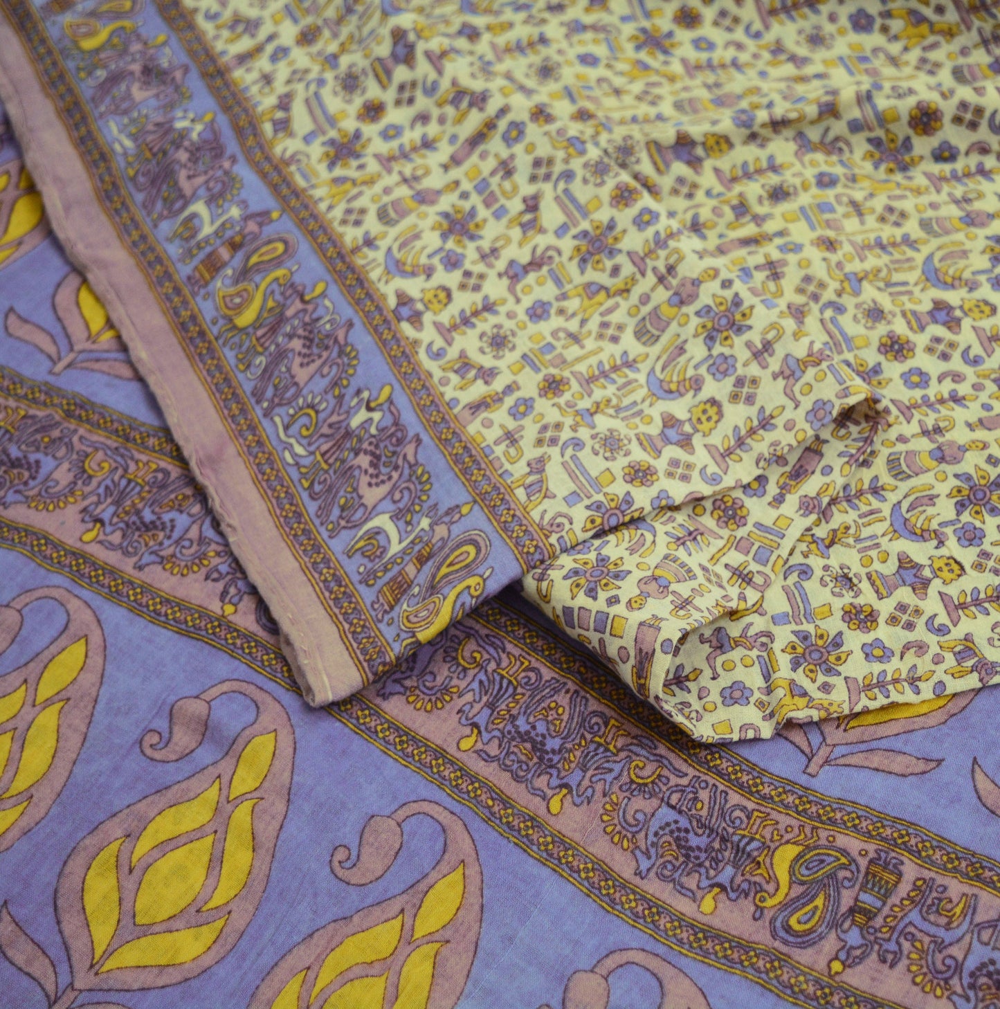 Indian Vintage Sari Brown & Ivory Warli Printed Pure Cotton Saree Craft Soft Fabric 5Yard Sewing Sarong Wrap Boho Floral