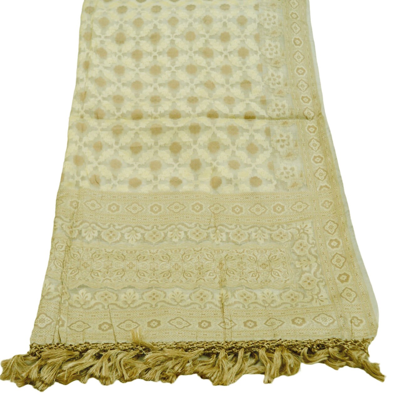 Indian Vintage Ivory Dupatta Long Stole Pure Silk Hand Woven Indian Scarves Veil Scarf Wrap Floral Fringes