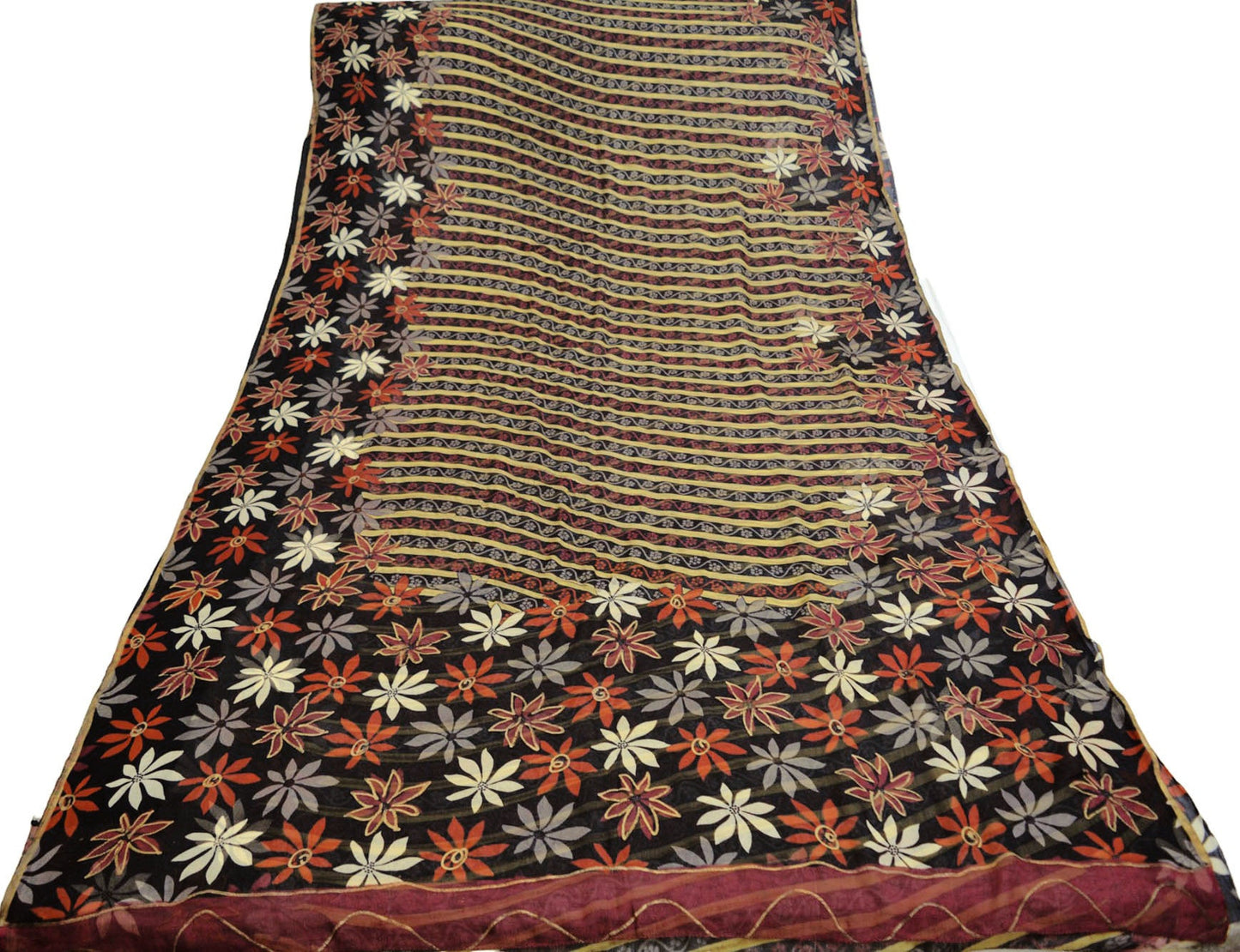 Indian Vintage Sari Black Pure Chiffon Silk hand Painted Saree Craft Fabric Sewing 5Yard Soft Light Sari Floral Dress Making