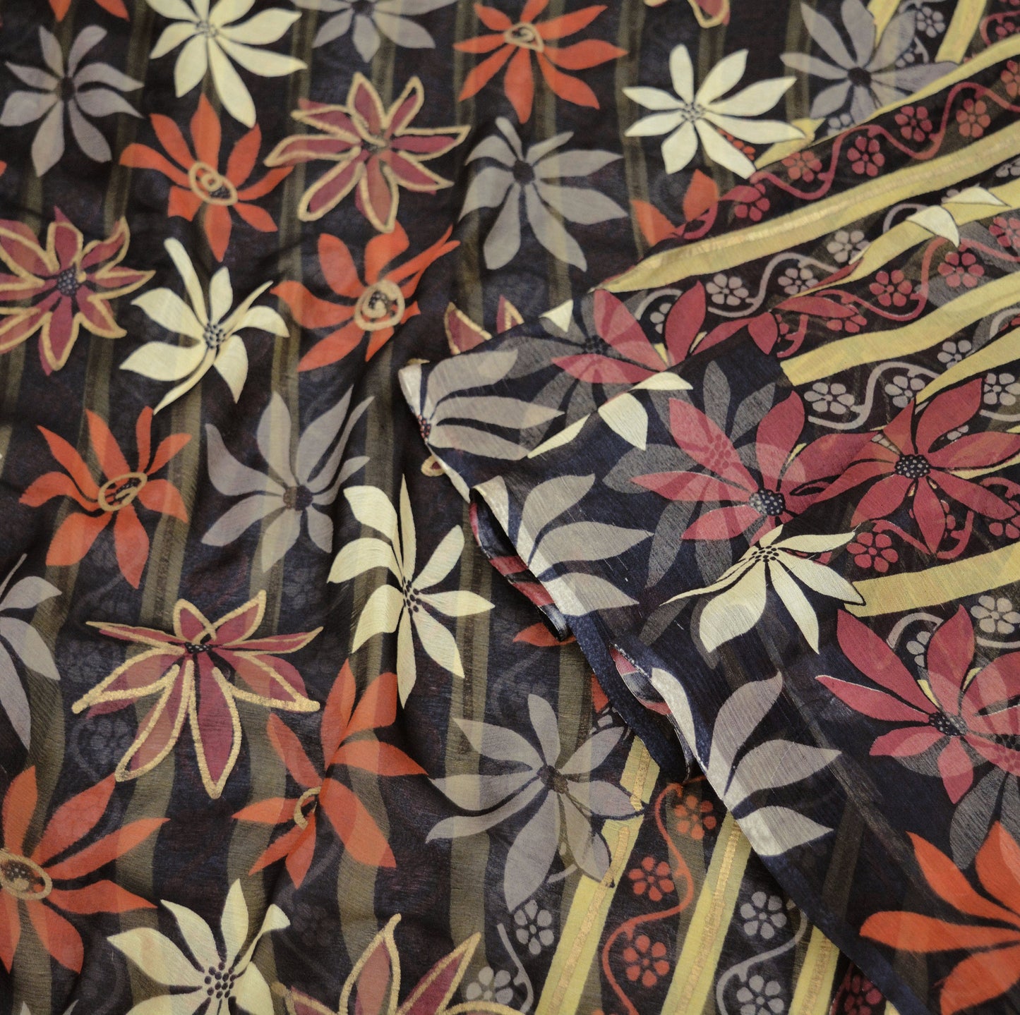 Indian Vintage Sari Black Pure Chiffon Silk hand Painted Saree Craft Fabric Sewing 5Yard Soft Light Sari Floral Dress Making