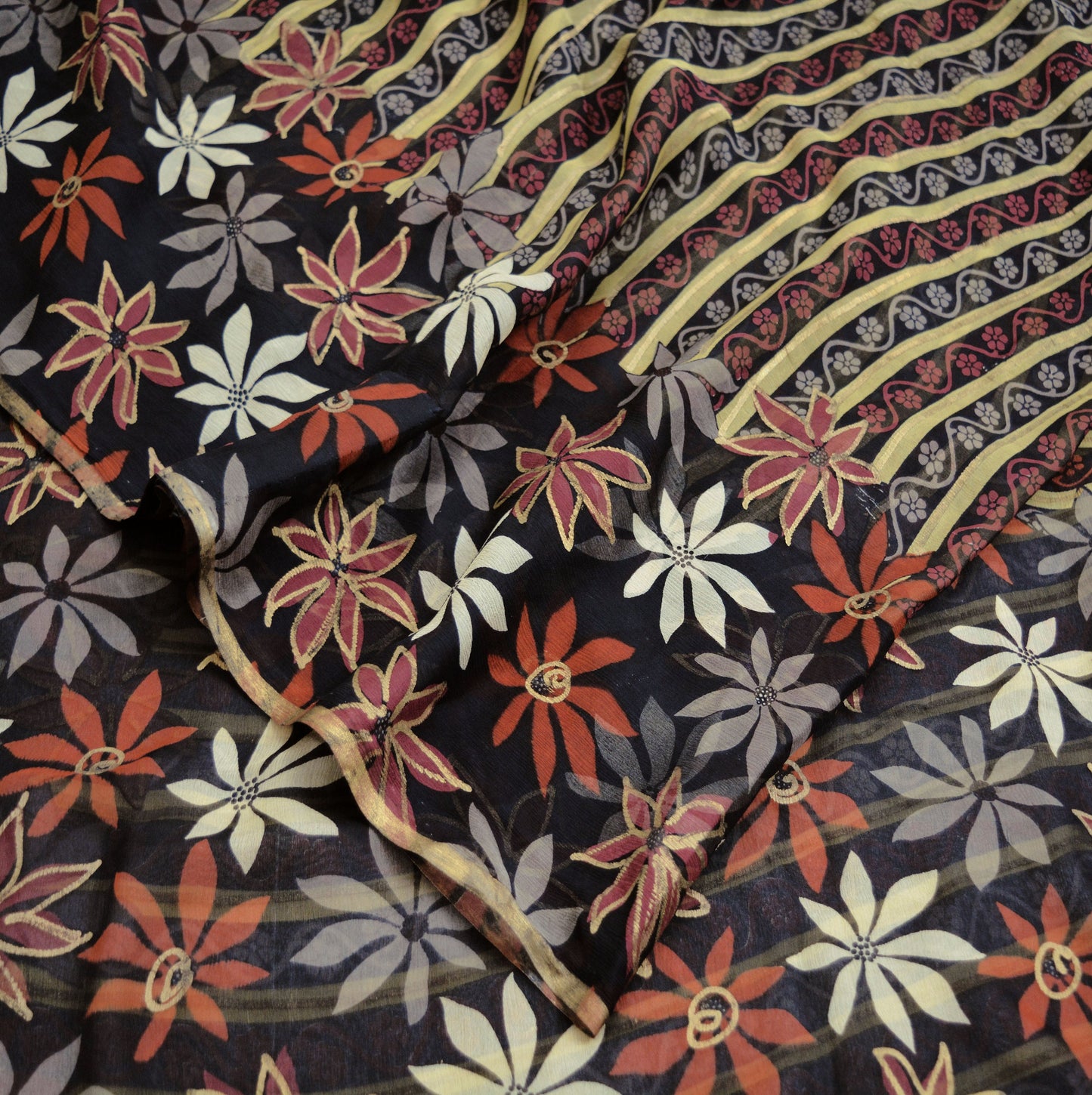 Indian Vintage Sari Black Pure Chiffon Silk hand Painted Saree Craft Fabric Sewing 5Yard Soft Light Sari Floral Dress Making