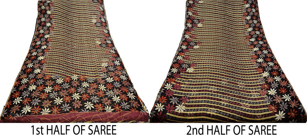 Indian Vintage Sari Black Pure Chiffon Silk hand Painted Saree Craft Fabric Sewing 5Yard Soft Light Sari Floral Dress Making