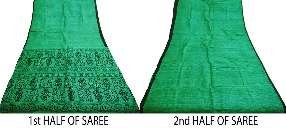 Indian Vintage Sari Black & Green 100% Pure Silk Printed Saree Fabric 5yard Sewing Craft DressMaking Soft Paisley
