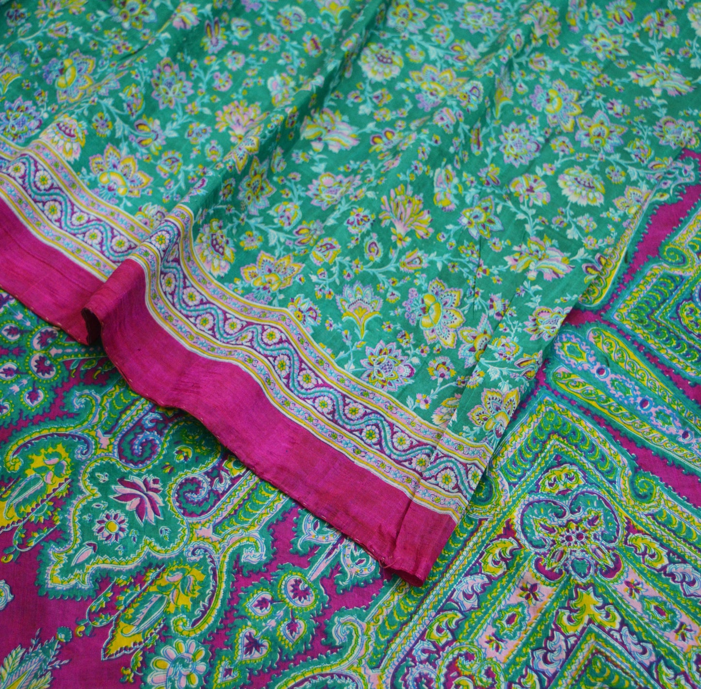 Indian Vintage Sari Pink & Green Pure Silk Printed Saree 5yd Sewing Craft Fabric DressMaking Soft Floral Ethnic
