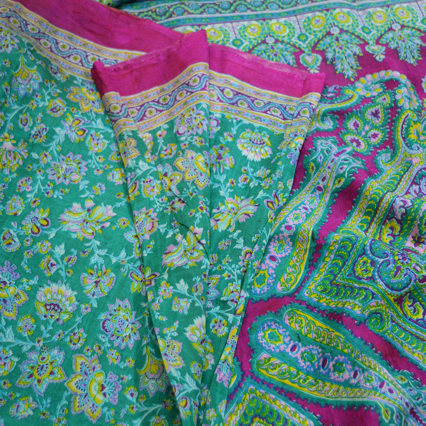 Indian Vintage Sari Pink & Green Pure Silk Printed Saree 5yd Sewing Craft Fabric DressMaking Soft Floral Ethnic